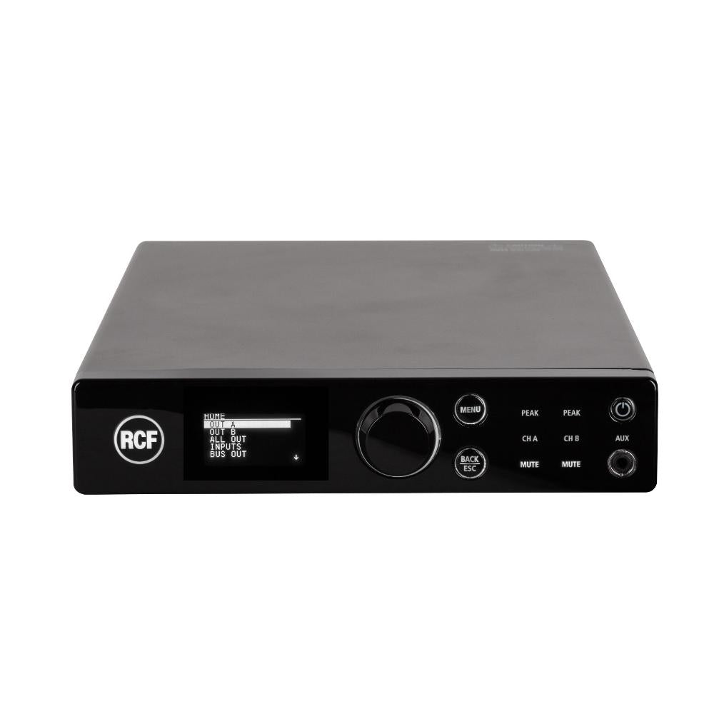 RCF DMA-162 professional digital amplifier - front view with LCD display, encoder knob, menu navigation buttons, and channel controls