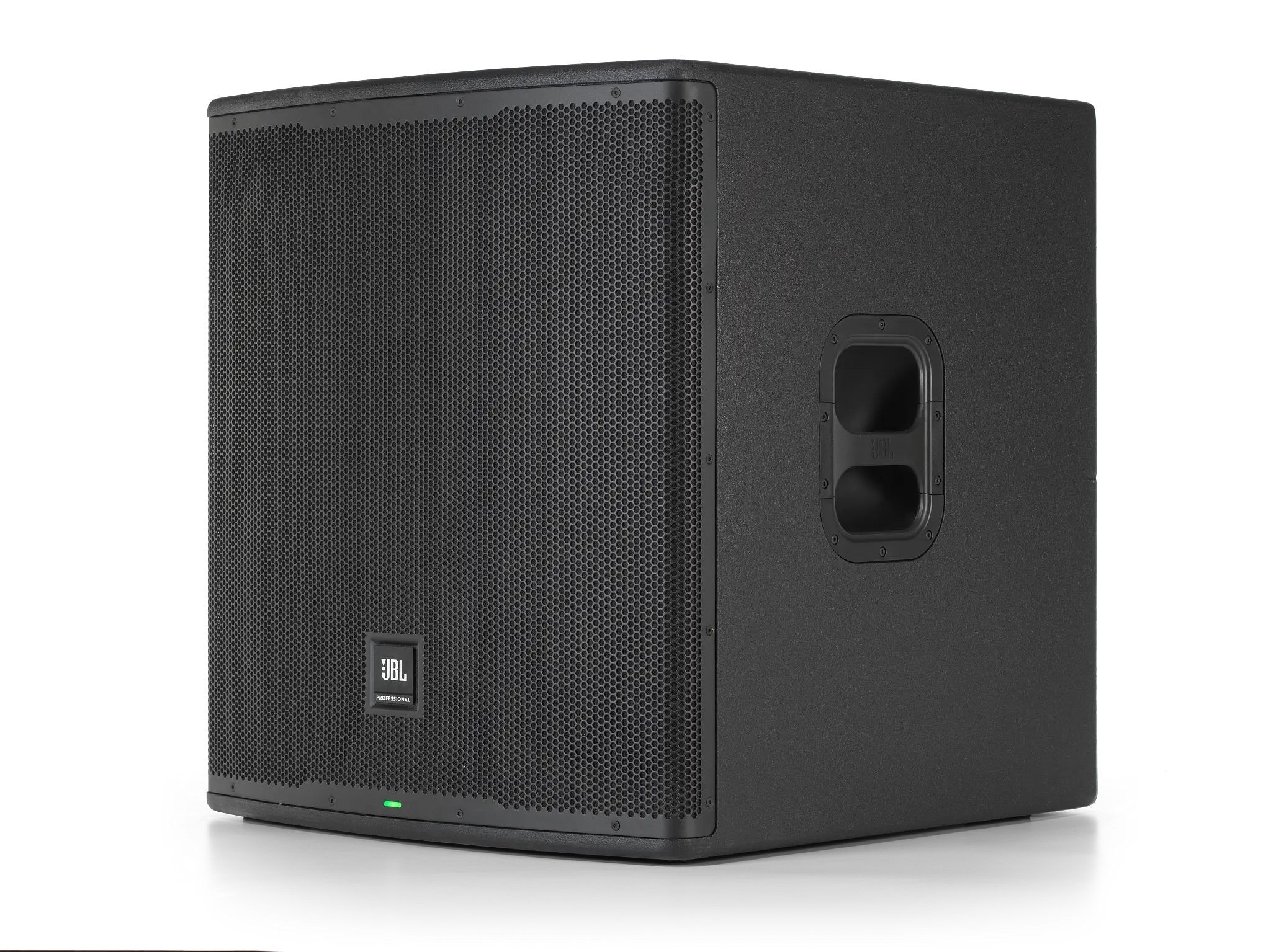 EON718S Black subwoofer with JBL logo on a white background