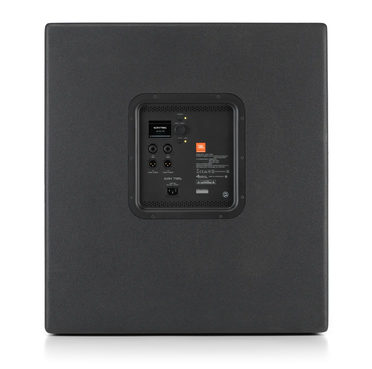 JBL EON718S Back view of a black subwoofer with control panel on a white background