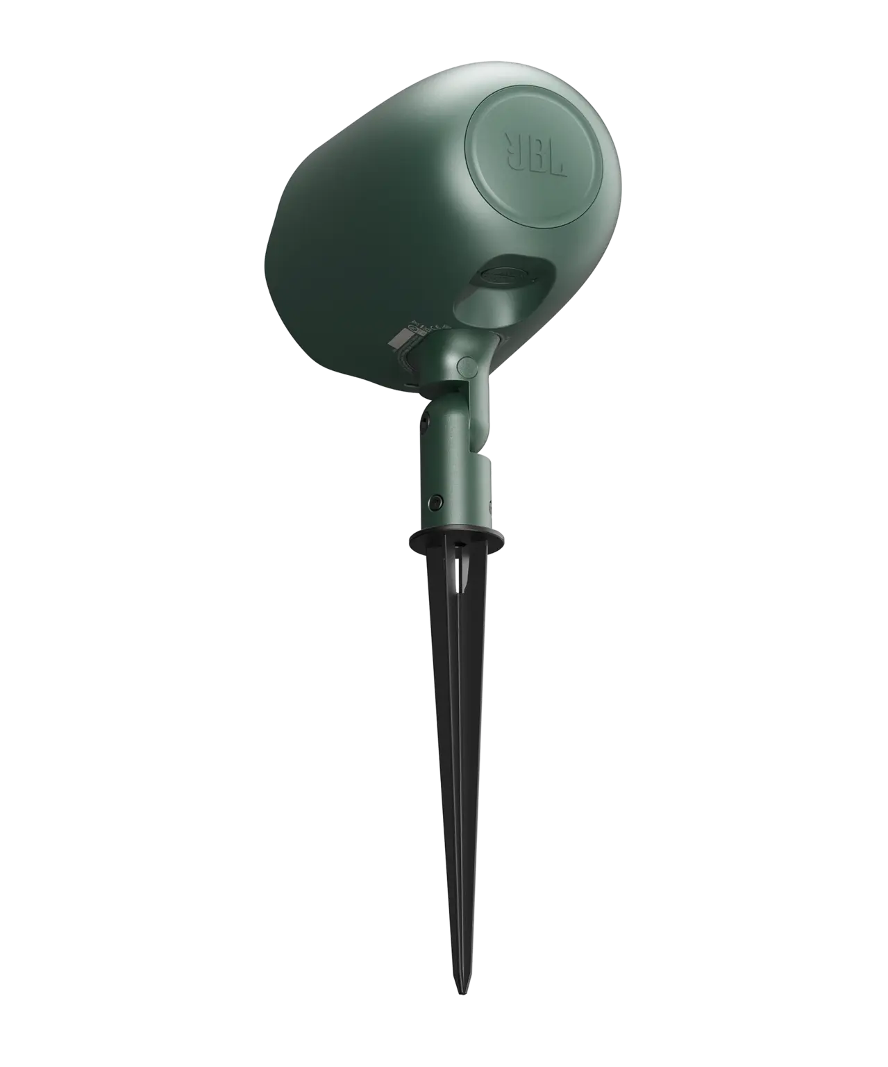 Green JBL GSF3 landscape speaker rear base view showing ground stake mount and cable entry point