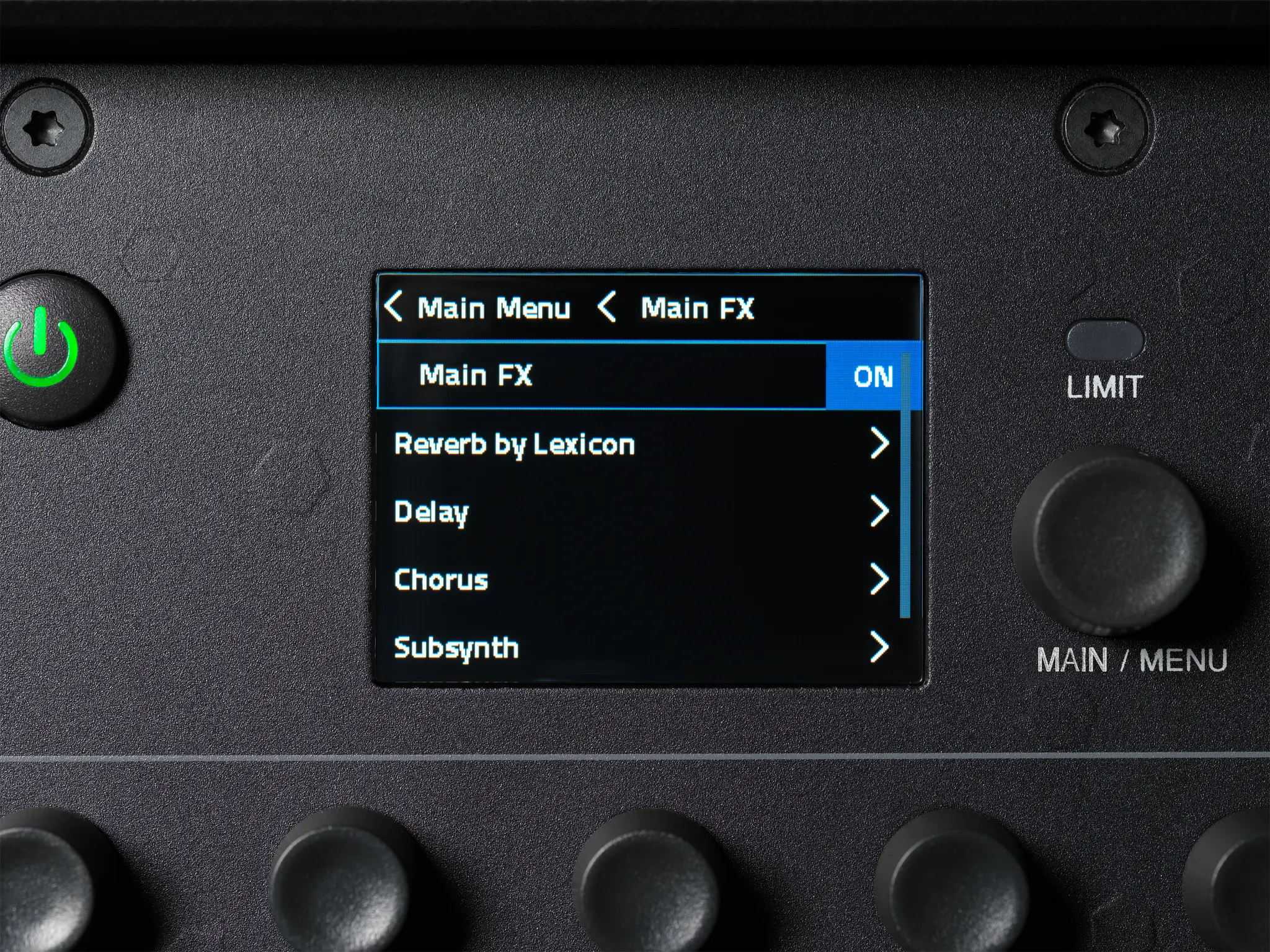09._JBL_PRXONE_Display_MainMenu Control panel with digital display showing audio equipment settings
