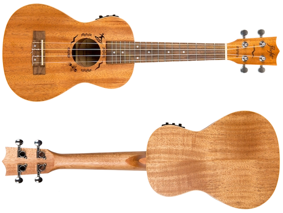 Flight DUC523CEQ mahogany electro-acoustic concert ukulele, full front view and Flight DUC523CEQ concert ukulele back view highlighting mahogany tonewoood construction
