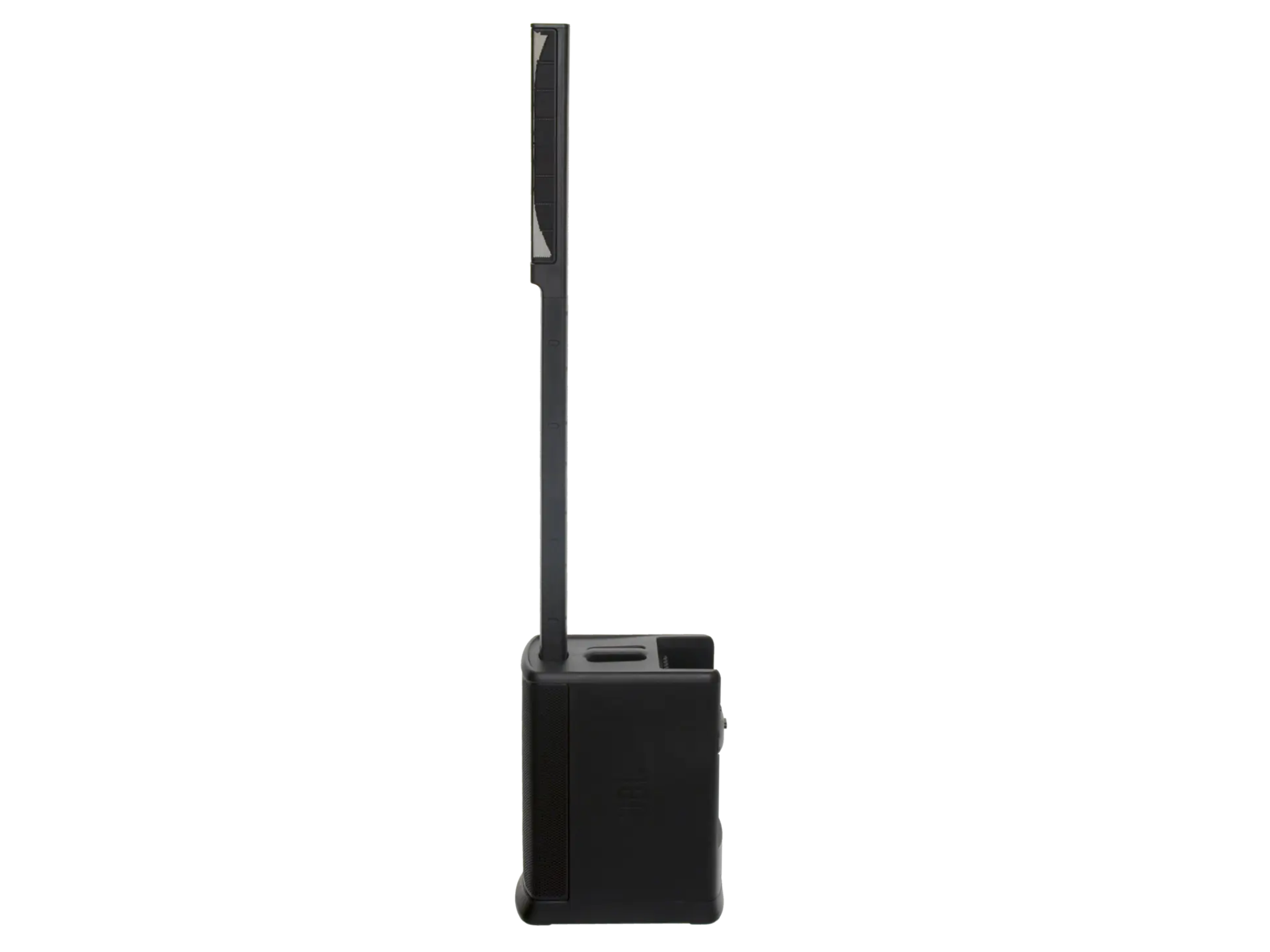Black portable speaker with a stand on a white background