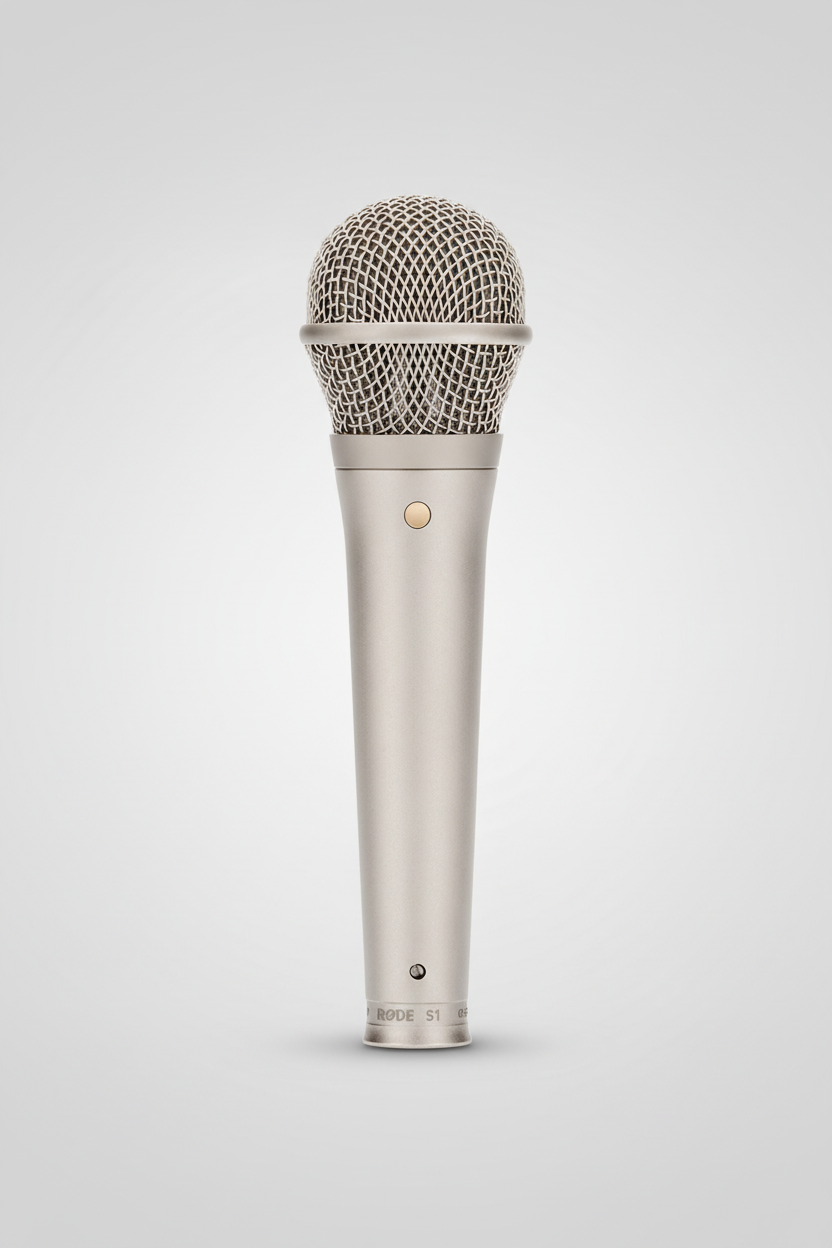 RODE supercardioid dynamic microphone front view with metal body and steel mesh capsule grille
