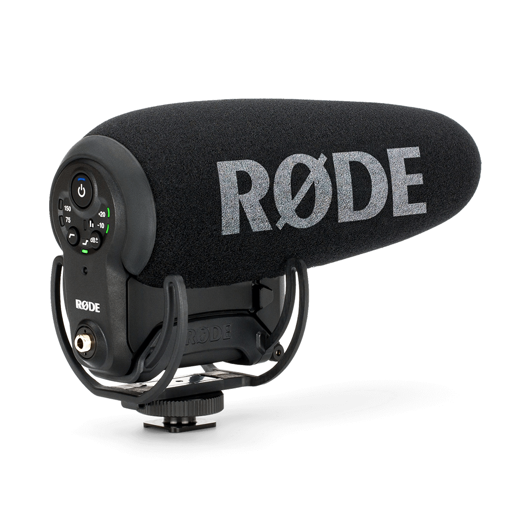 Rode VideoMic Pro Plus on camera shotgun microphone with LB1 battery front view
