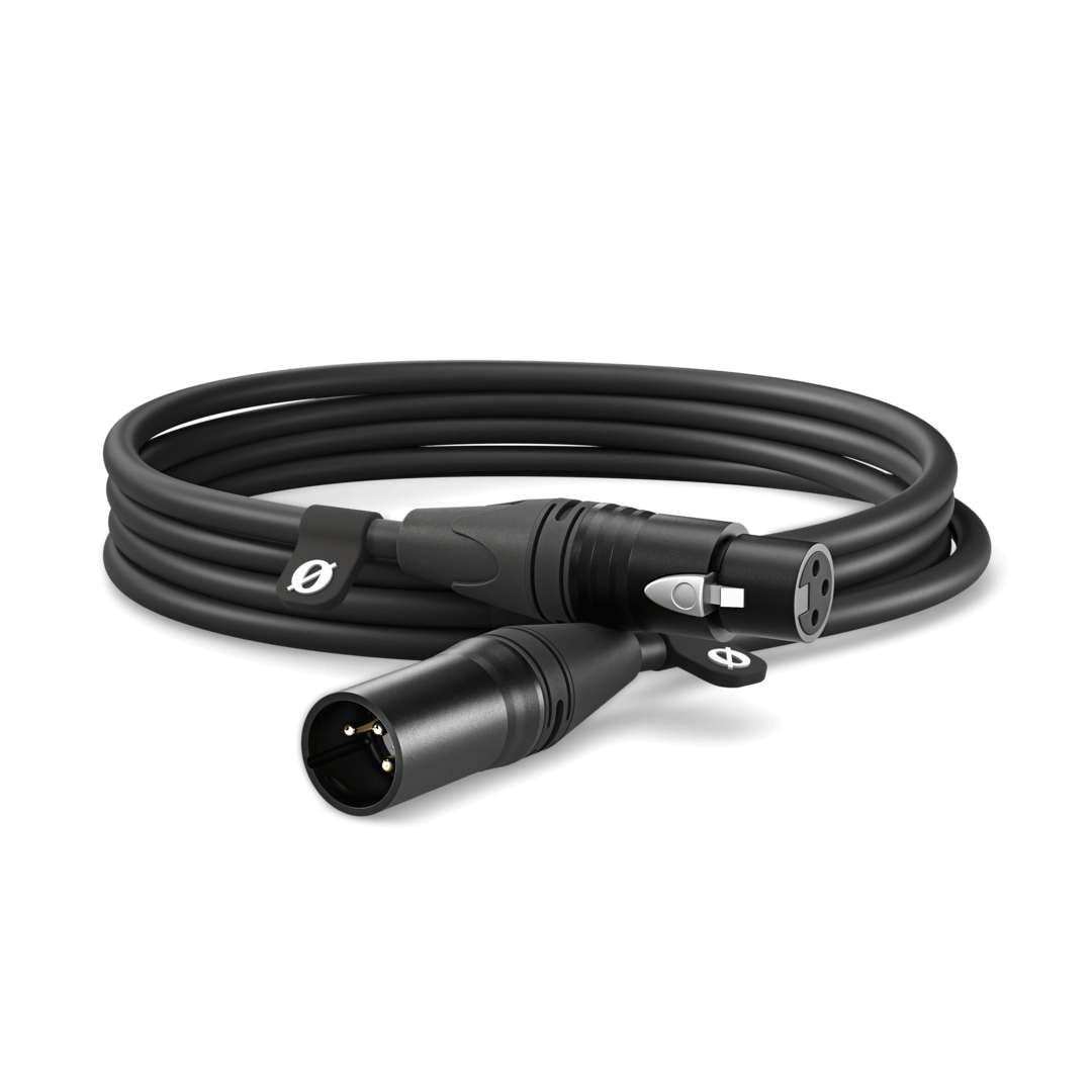 Rode XLR cable 3 meter black professional balanced audio cable front view and cable connected to microphone and audio interface.