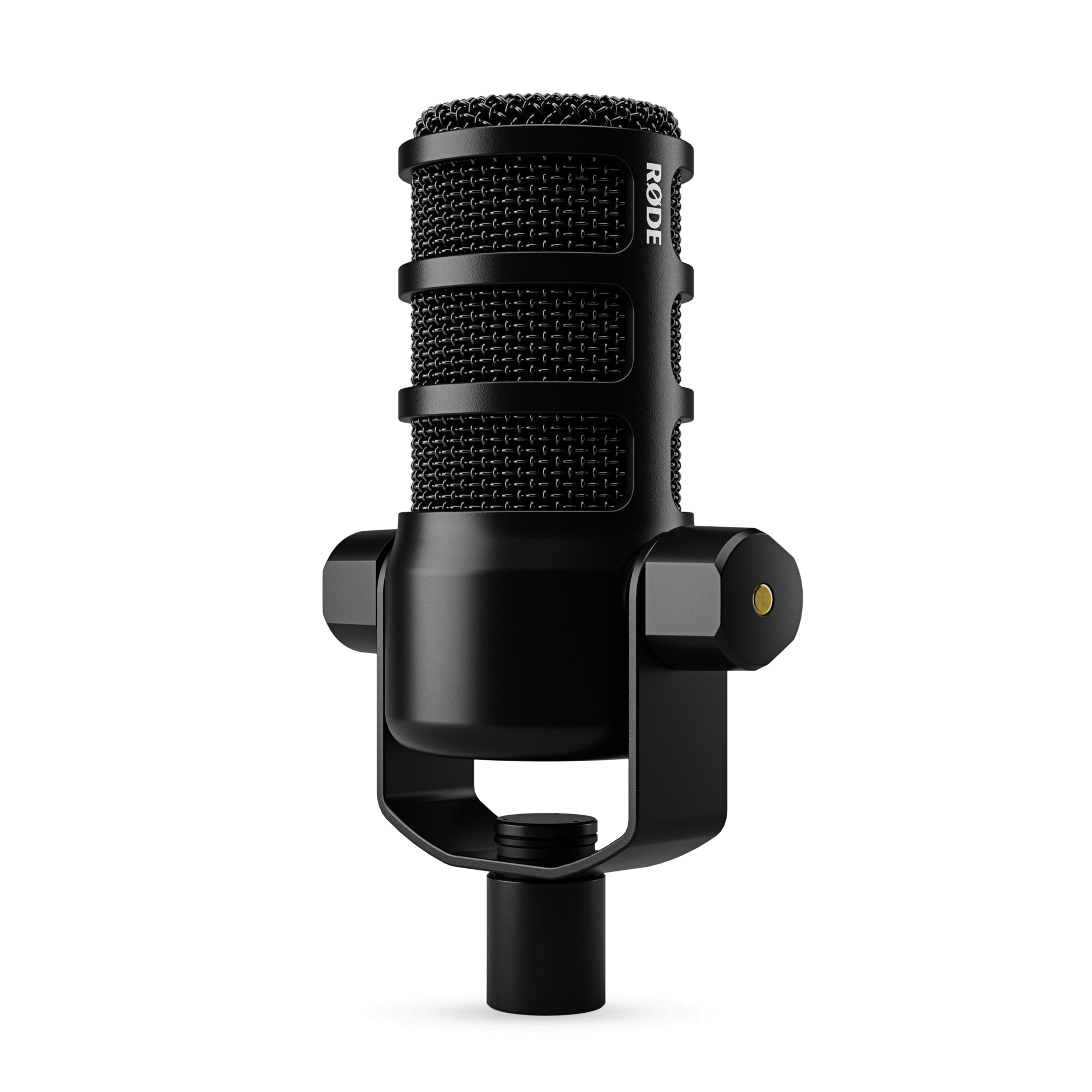 Left side profile of RODE PodMic USB showing compact dual-output broadcast mic body