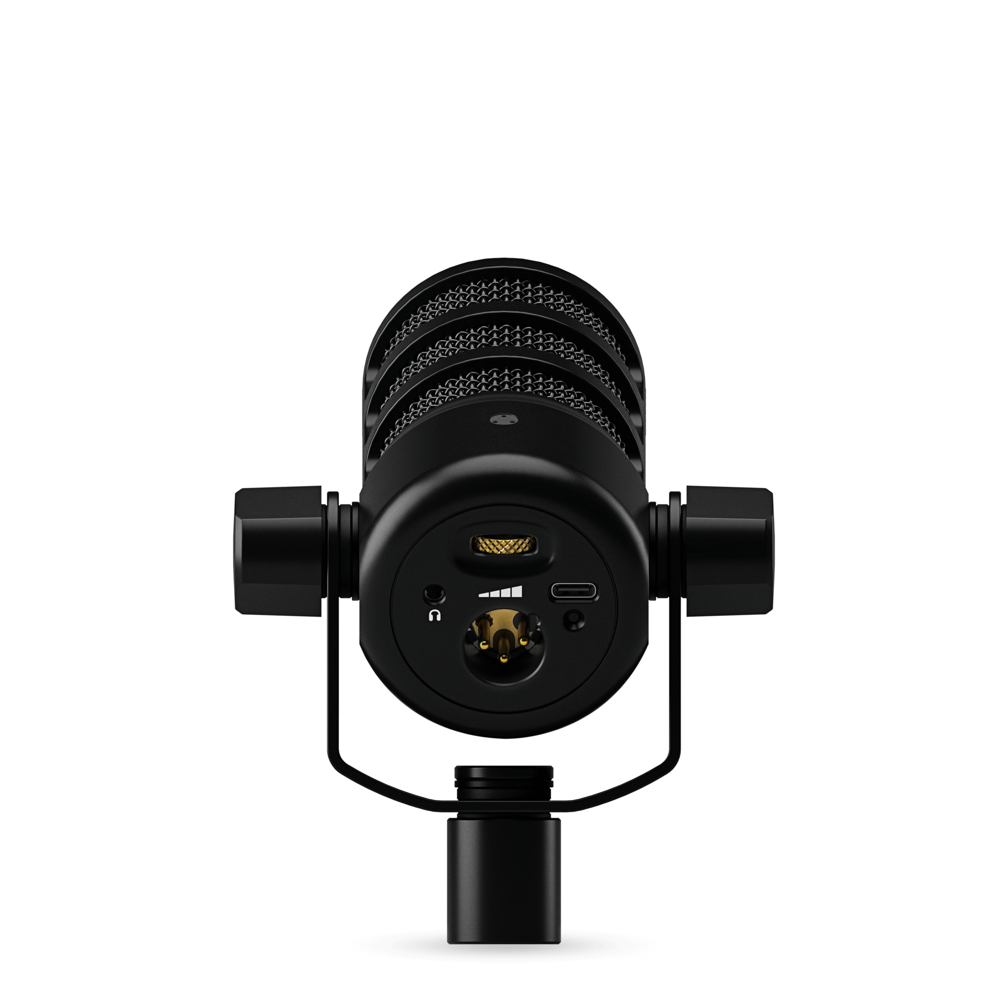 RODE PodMic USB rear view showing USB-C and XLR outputs and integrated swivel mount