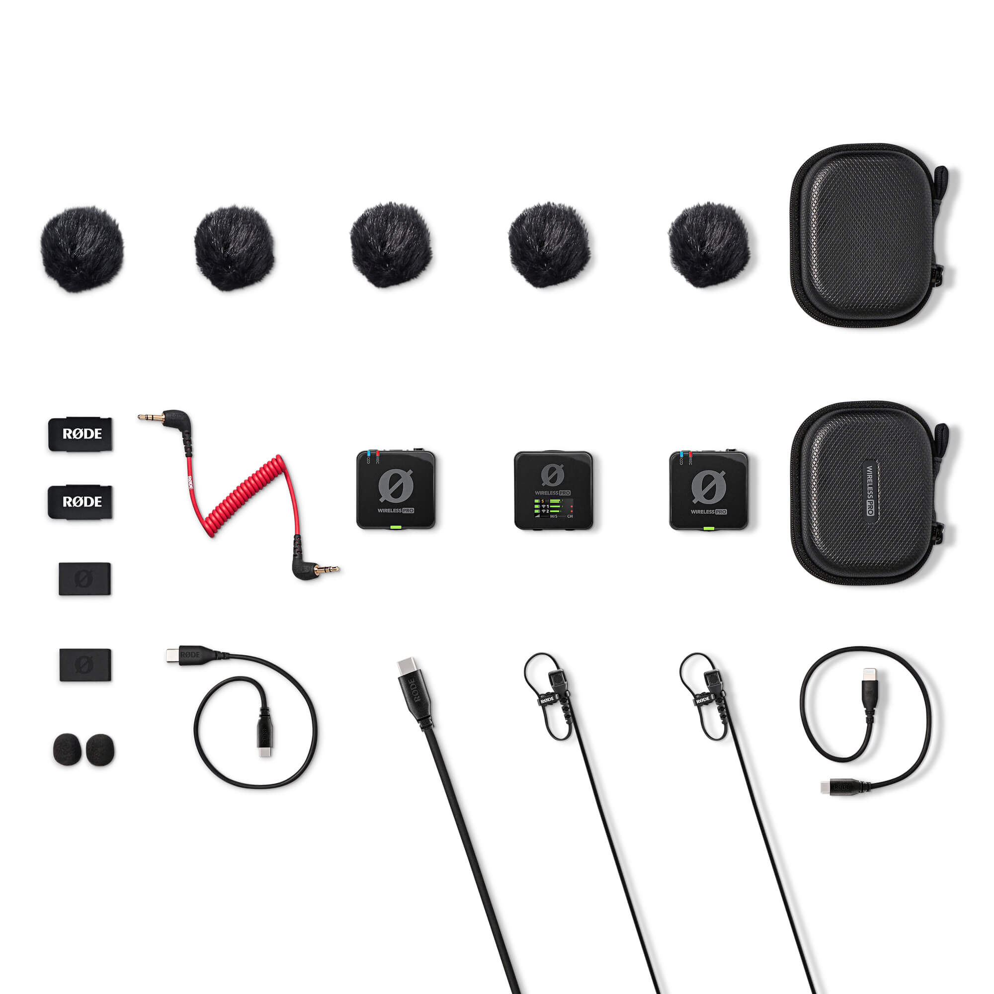 RODE Wireless PRO unboxed with transmitters, receiver, charging case and accessories