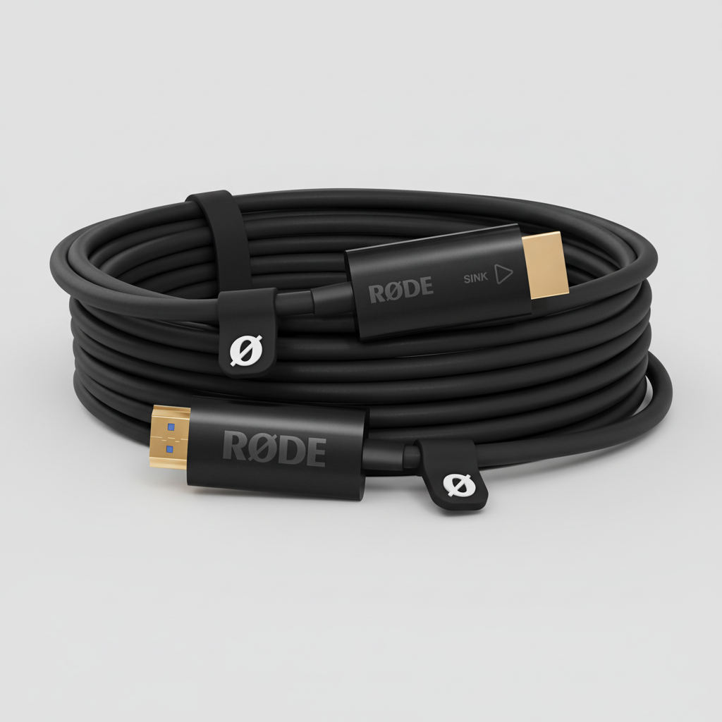 Rode 10 meter HDMI 2.1 premium black cable 5mm diameter front view and cable connected to camera and monitor setup