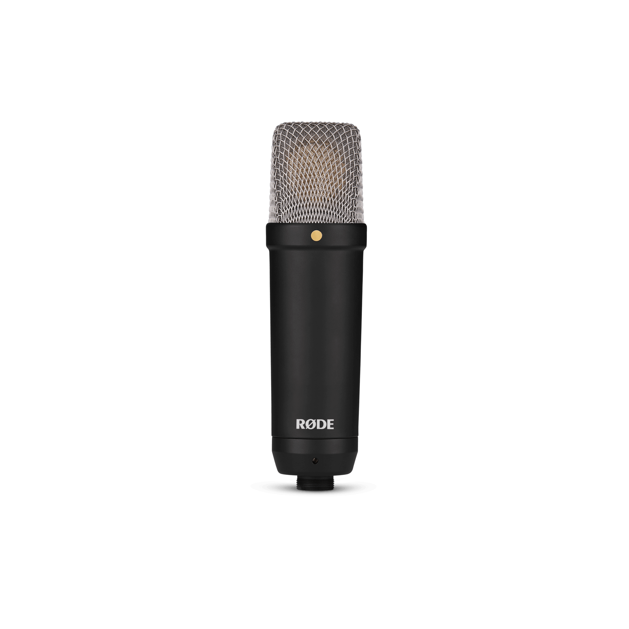 RODE NT1 Signature Black large-diaphragm condenser mic front view with all-black matte finish