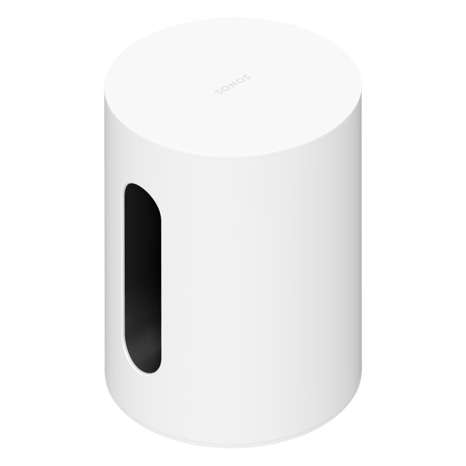 Sonos Sub Mini in white — compact smart subwoofer with cylindrical design for powerful wireless bass