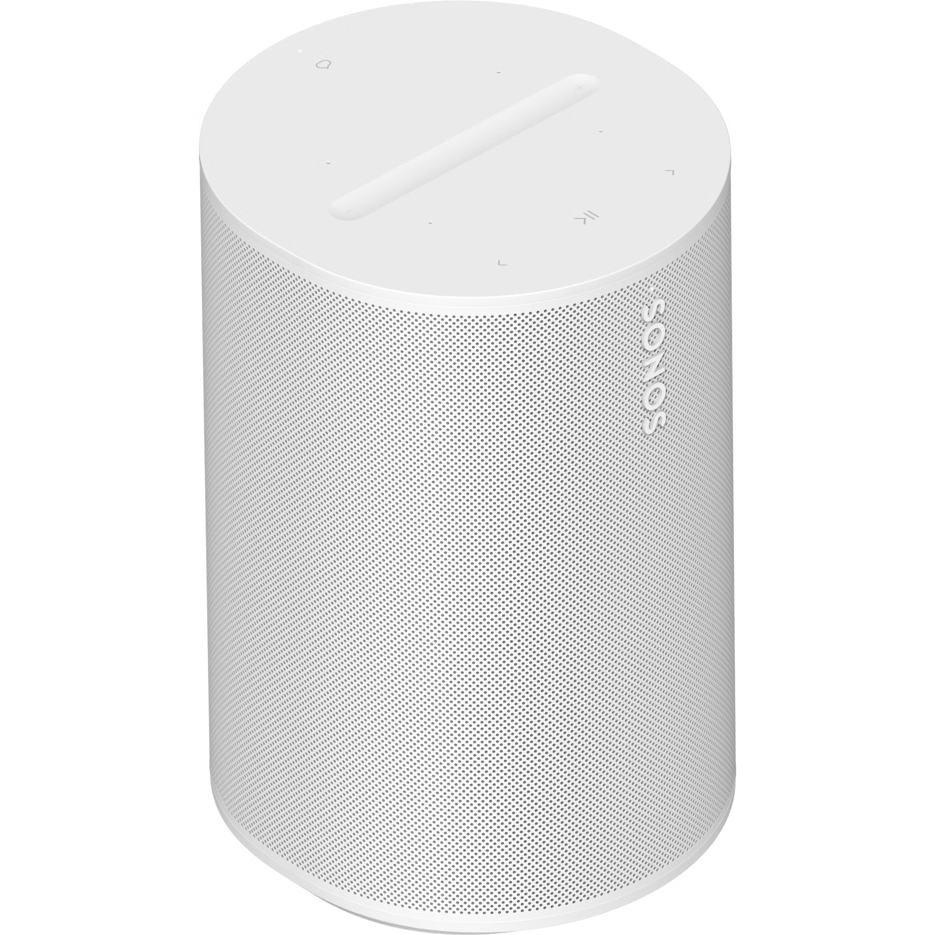 Sonos Era 100 White beside a book stack showing its ideal compact bookshelf speaker size