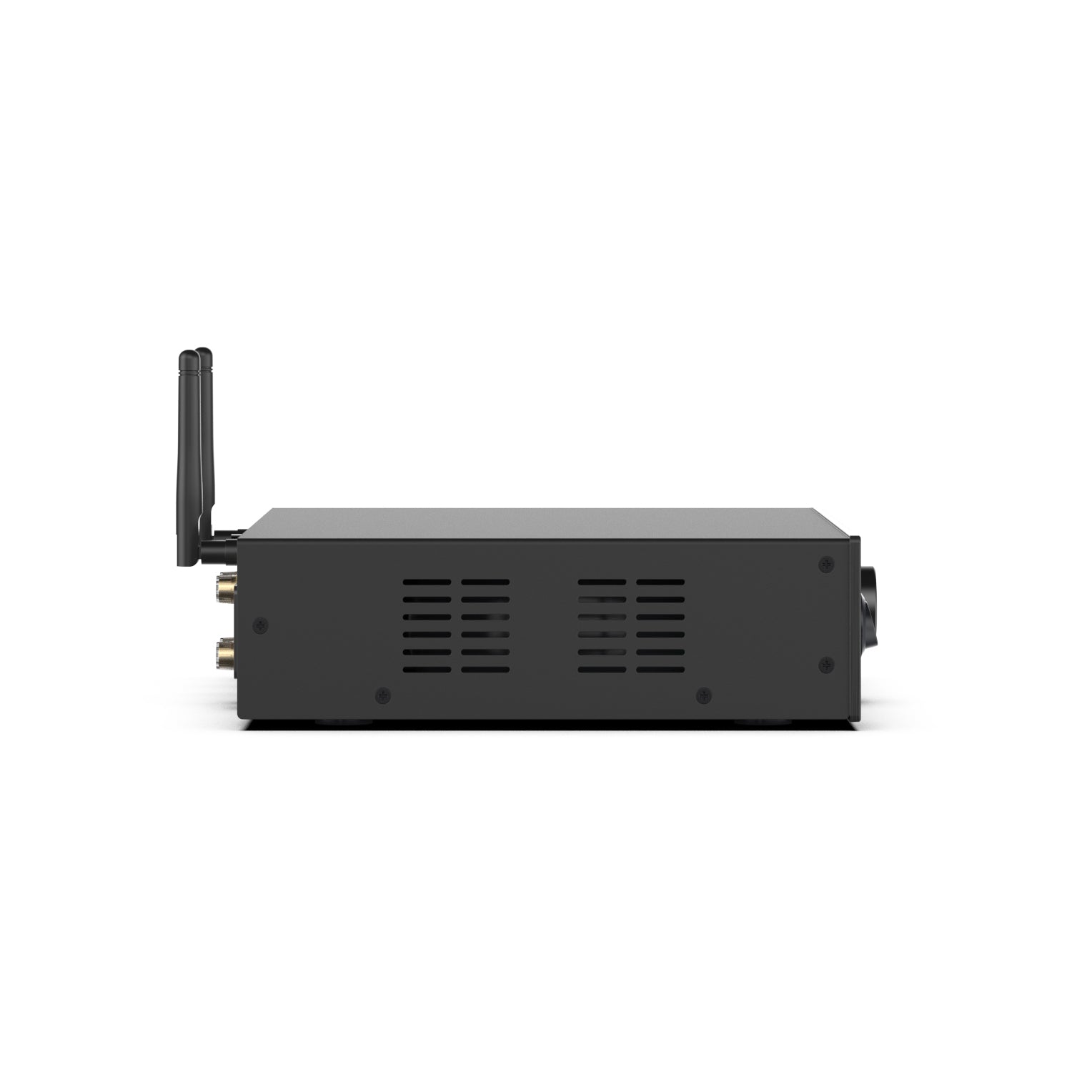 Left side profile of Arylic A100 100W stereo power amplifier showing ventilated aluminium chassis