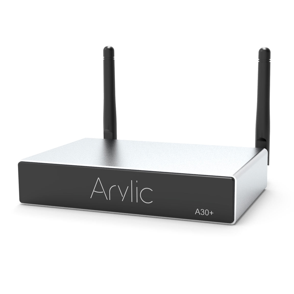 Arylic A30+ 30W x2 WiFi mini stereo amplifier, full front view showing display and compact body