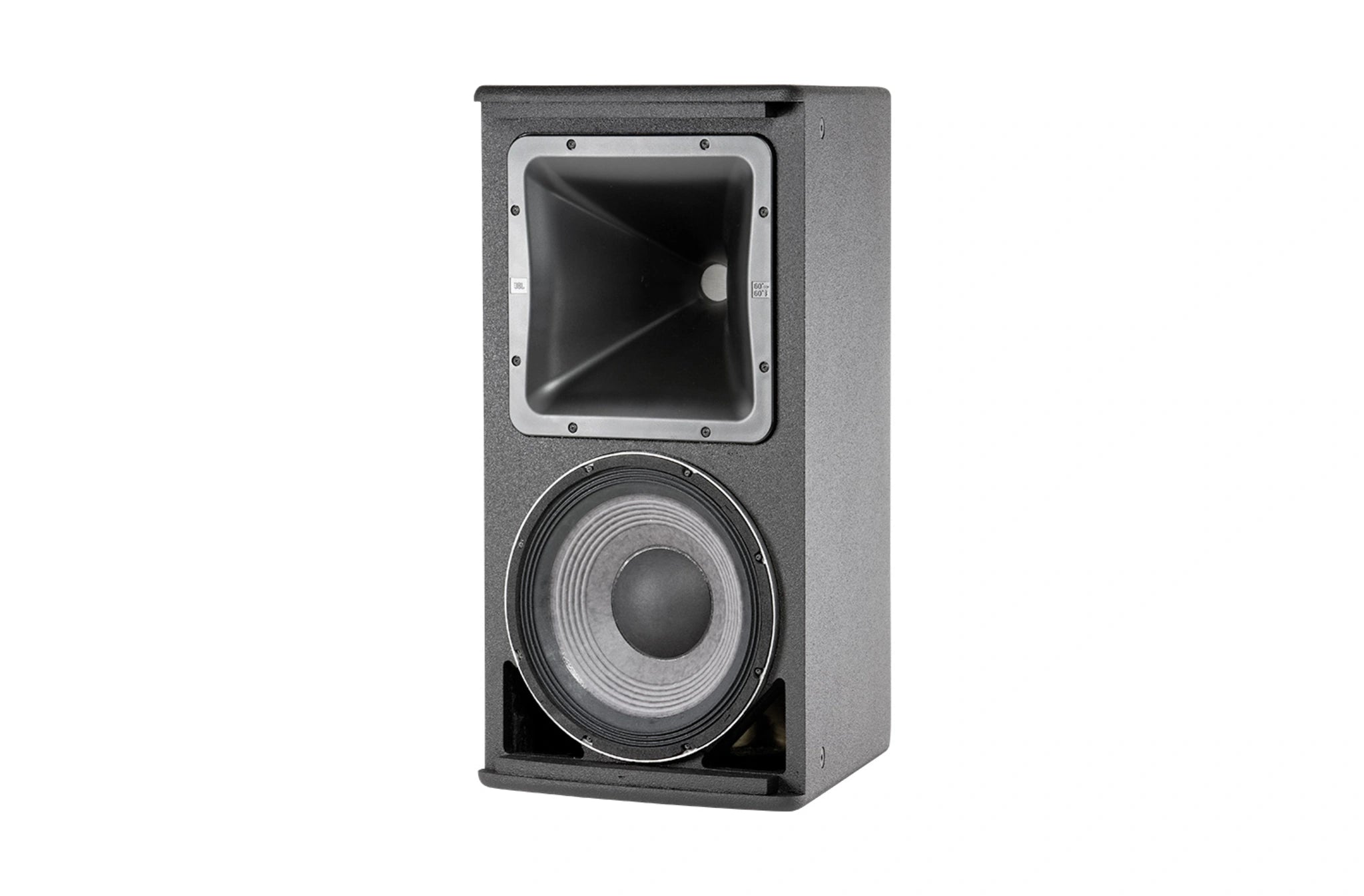JBL AM7212/66 12-inch 2-Way Loudspeaker with 60° x 60° Horn – side profile showing enclosure depth and rigging points