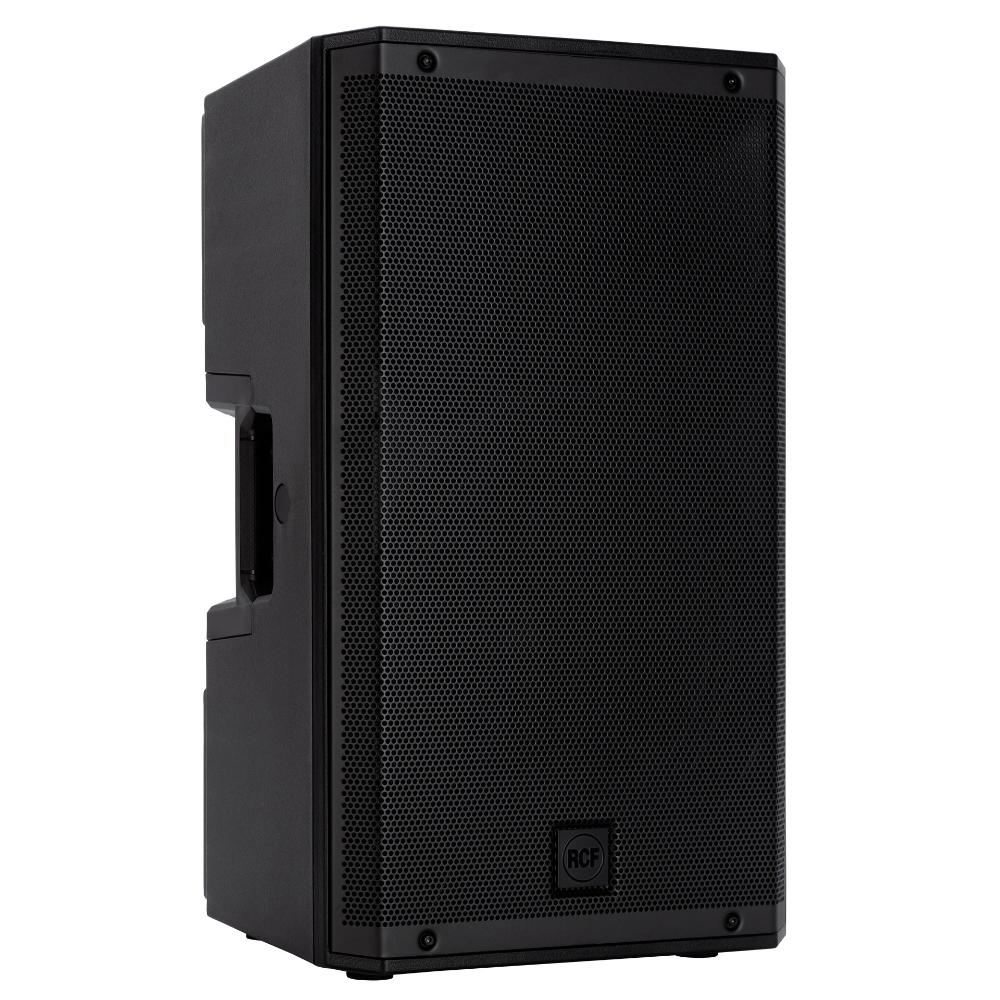 "Angled view of RCF ART 912-AX Bluetooth-enabled active speaker with trapezoidal enclosure and professional finish"