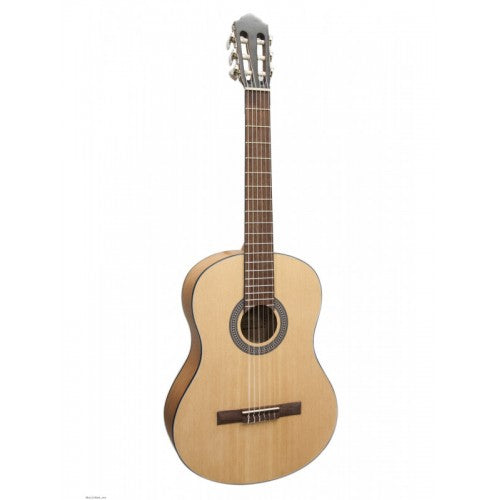 Flight C100NA 1/4 classical guitar in natural finish, full front view with nylon strings