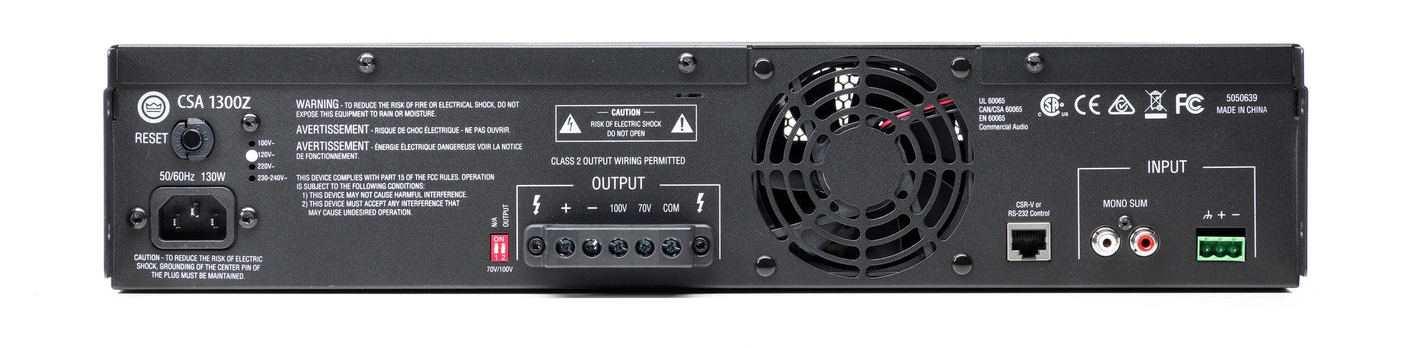 Rear-facing JBL CSA 1300Z/2300Z Audio Amplifier terminal connections