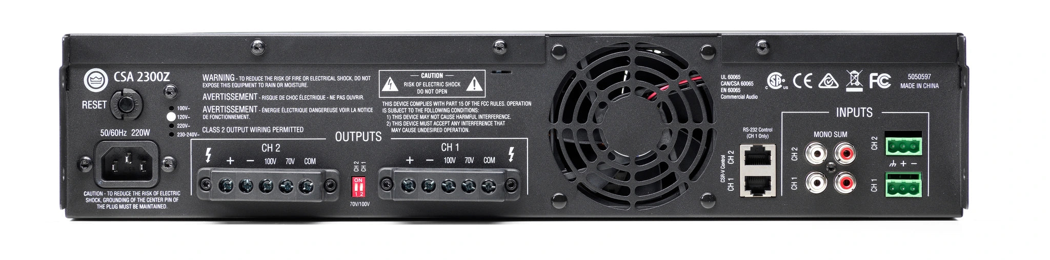 JBL CSA 1300Z/2300Z Audio Amplifier rear view showing input and output connectors