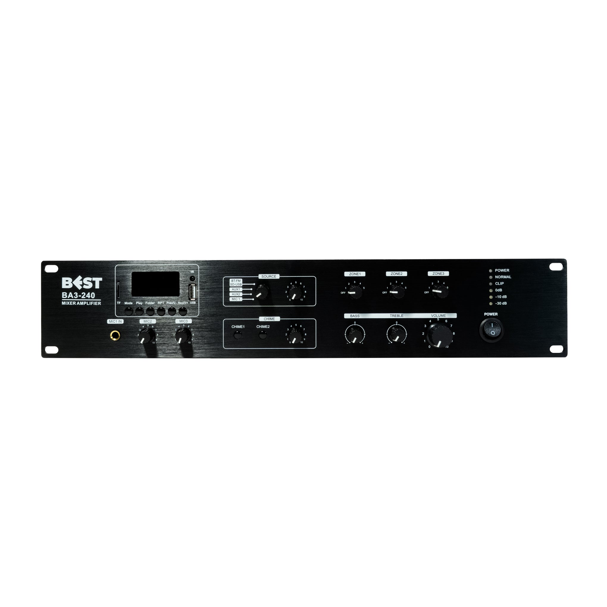 BEST BA3-240Z 3 Zone Mixer Amplifier Front Face Panel Overview with Volume Knobs