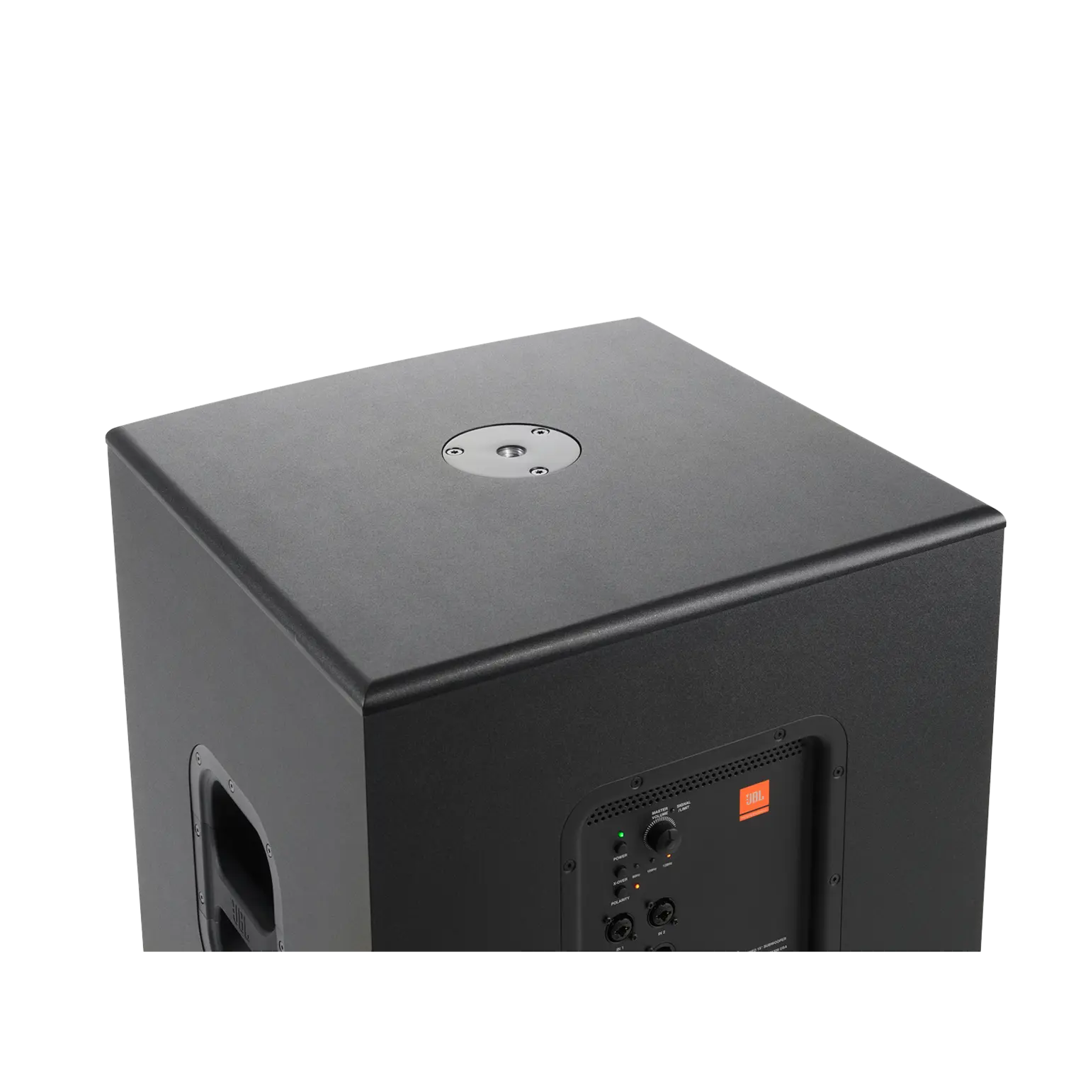 JBL IRX115S 15-inch Powered Subwoofer top view showing pole-mount socket