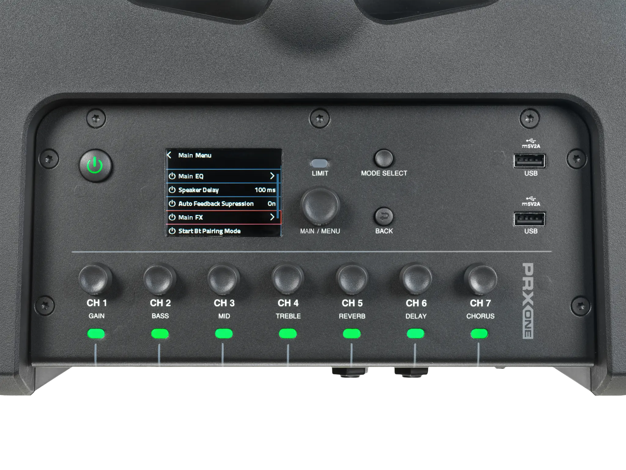 JBL_PRXONE_Product Back panel of a PA speaker system with control buttons and display.