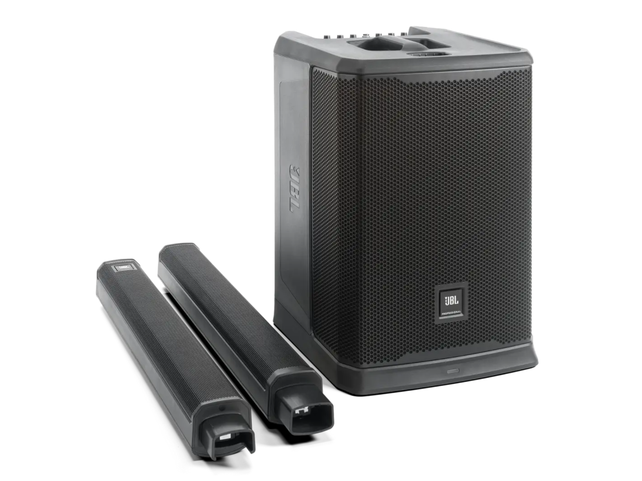JBL PRXONE Product Photo Speaker With Arrays A part Black speaker with two cylindrical speakers