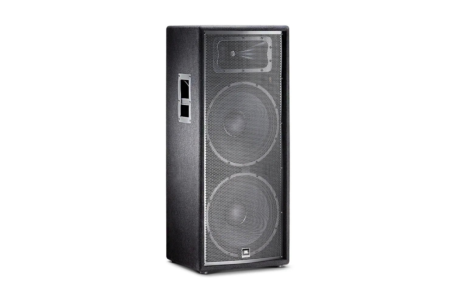 Front-facing JBL JRX225 Dual 15" Two-Way Sound Reinforcement Loudspeaker showing dual-woofer driver layout