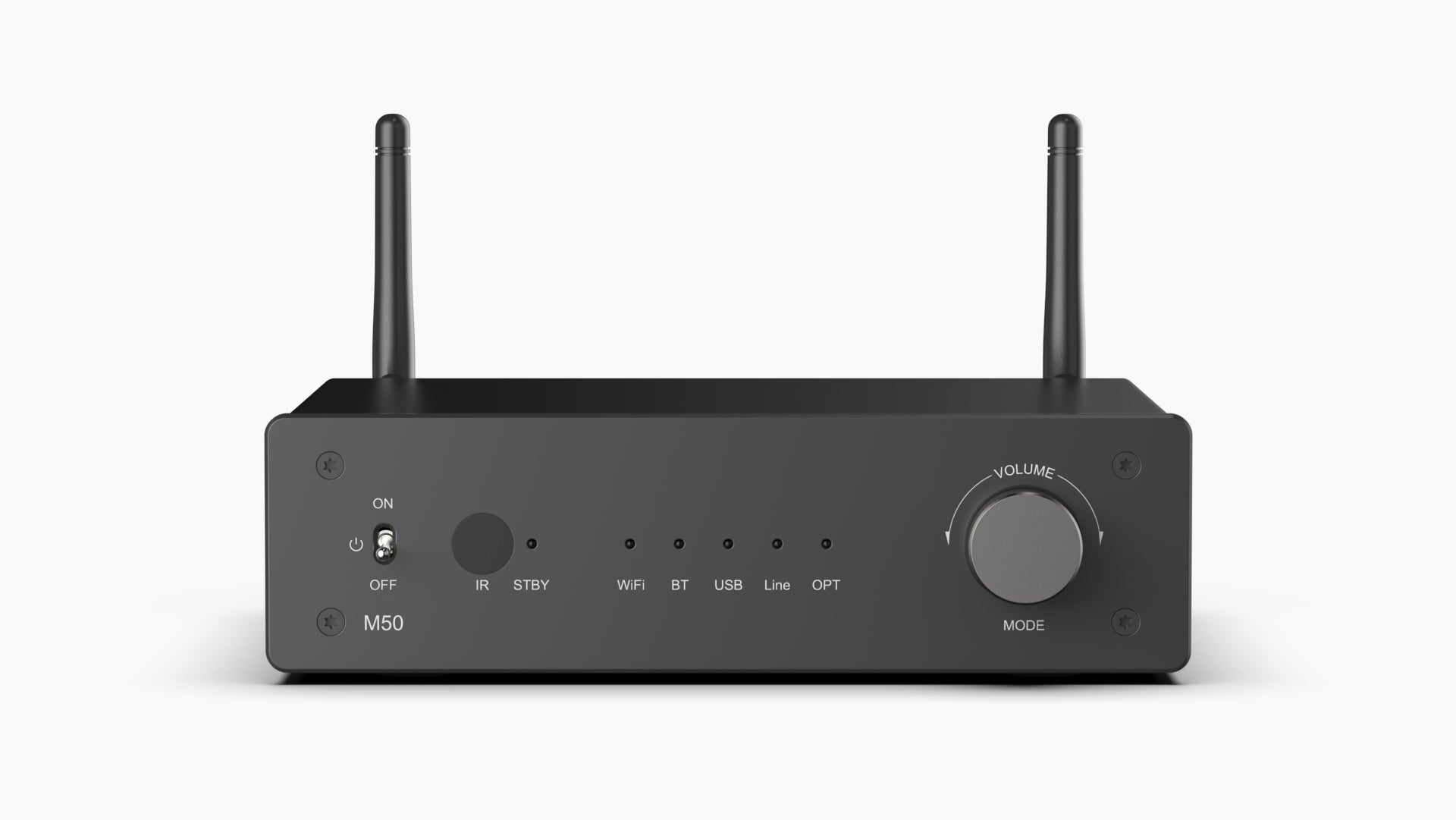 Arylic M50 full-digital wireless amplifier, front view showing display panel and control knob