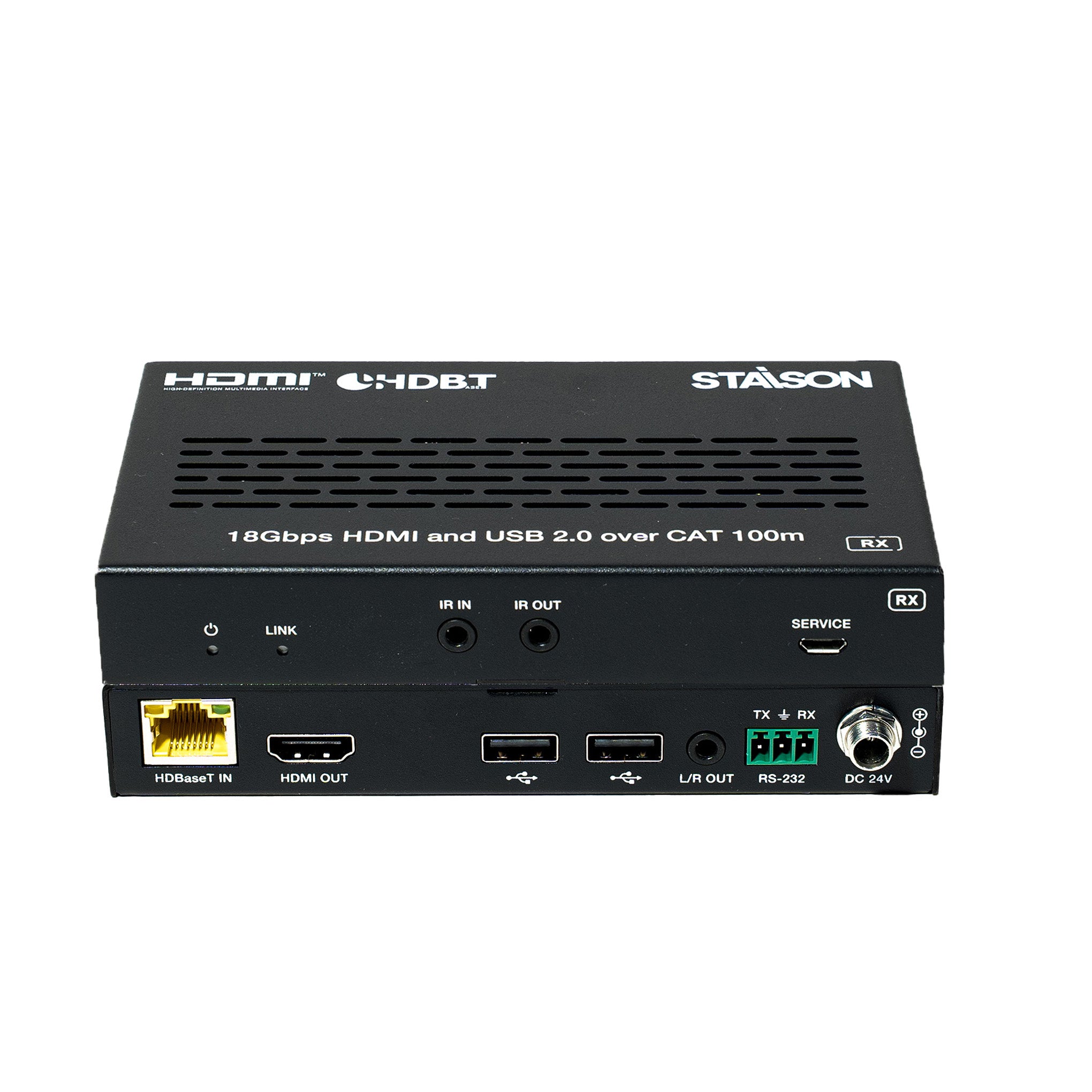 Black electronic device with various ports and branding on a white background
