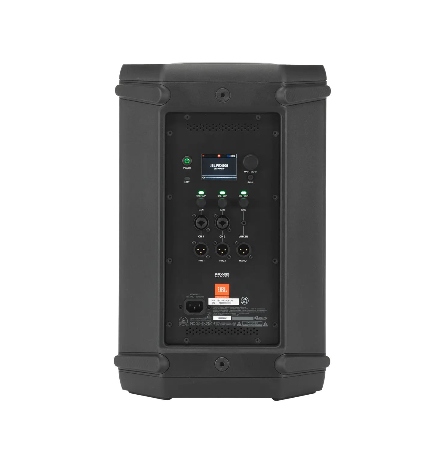 Back-facing JBL PRX908 Professional Powered Two-Way 8-inch PA Loudspeaker showing control display