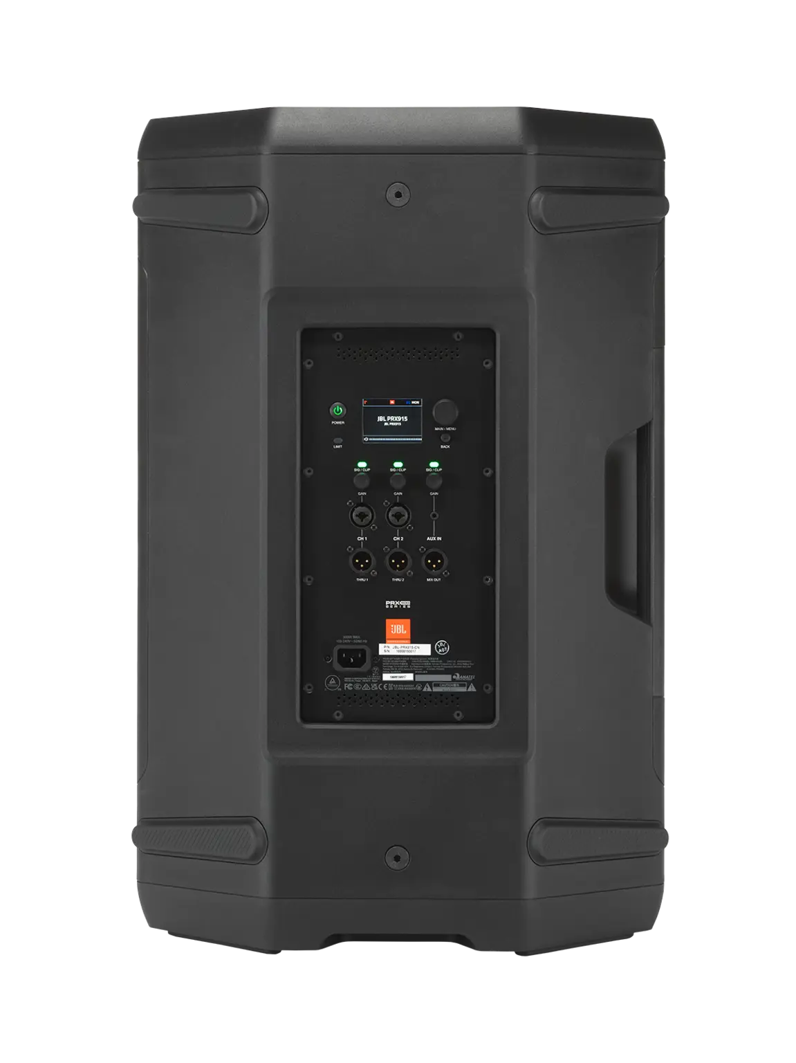 JBL PRX915 Professional Powered Two-Way 15-inch PA Loudspeaker back view showing amplifier and DSP panel