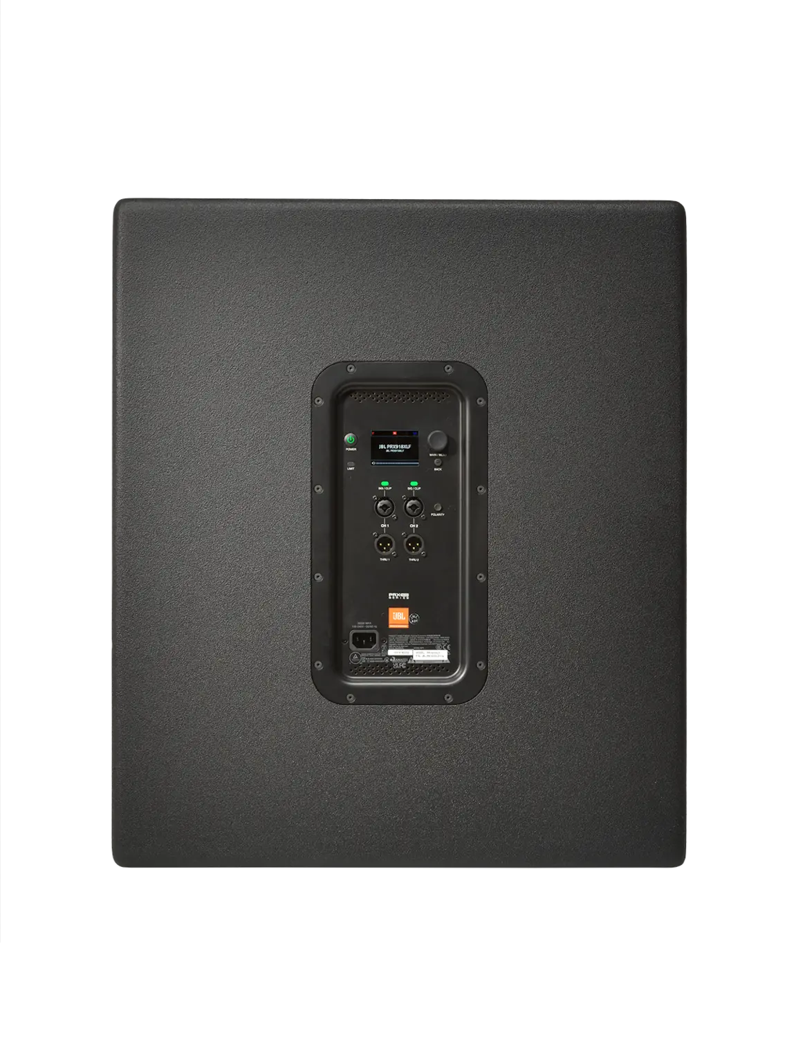 JBL PRX918XLF Professional Powered 18-inch Subwoofer back view showing amplifier and DSP panel