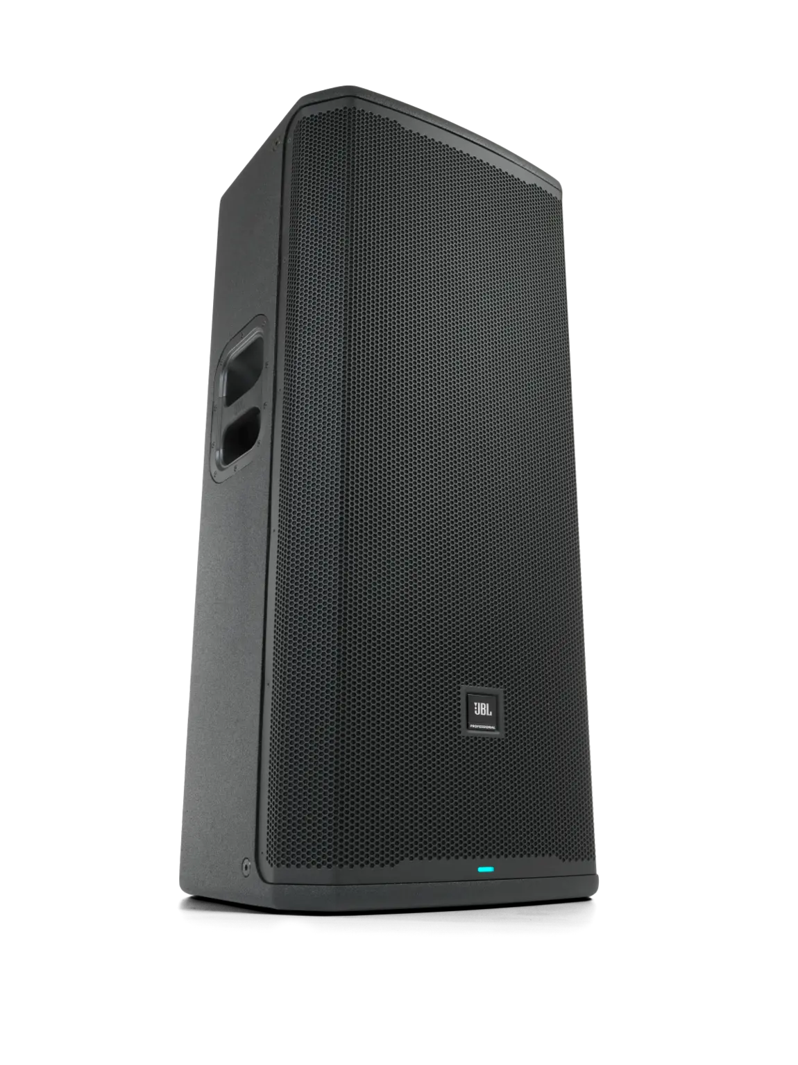 JBL PRX925 Professional Powered Two-Way 15-inch PA Loudspeaker three-quarter angle view showing front and side