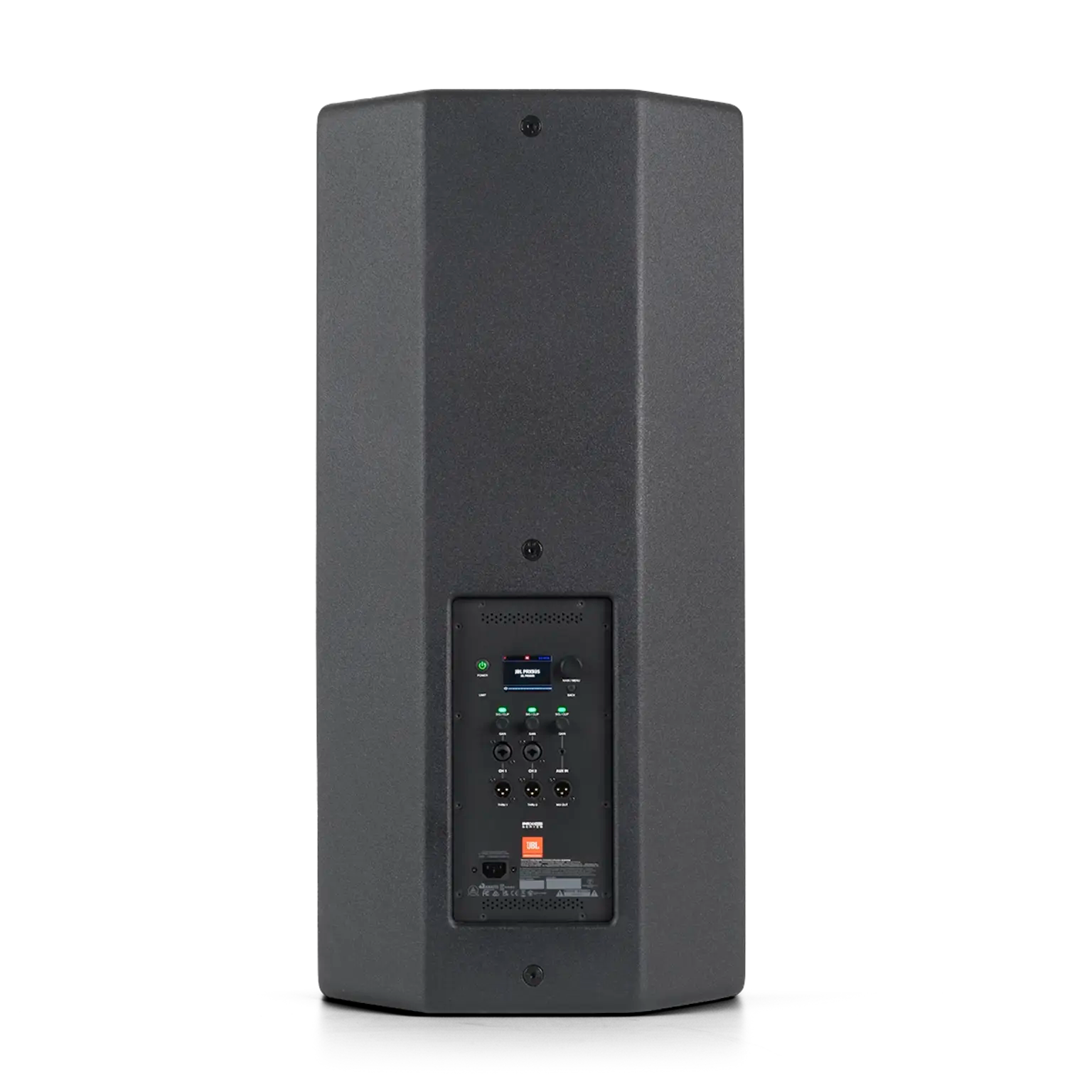 JBL PRX935 Professional Powered Three-Way Single 15-inch PA Loudspeaker back view showing amplifier and DSP panel
