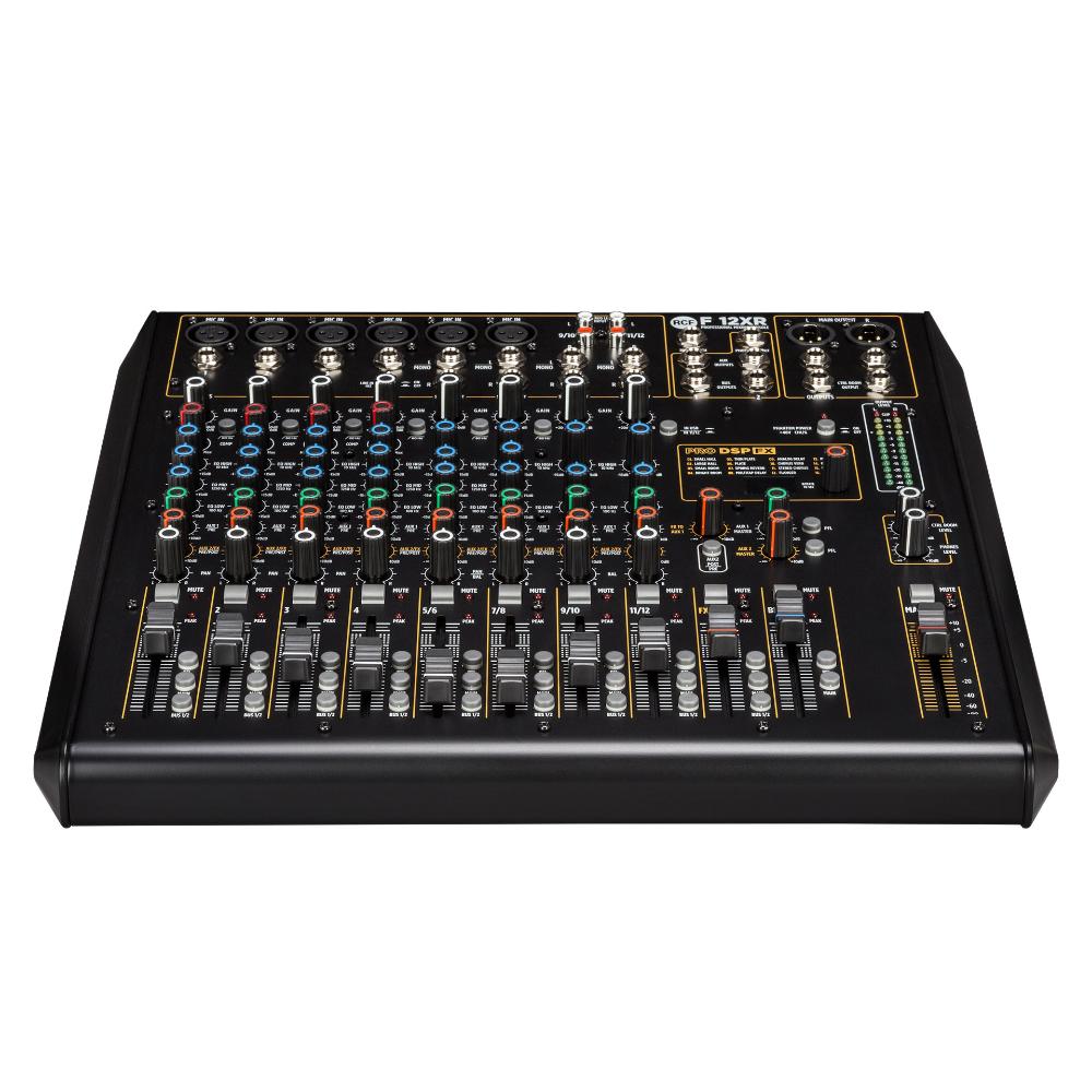 "Angled view of RCF F12XR mixer displaying control surface and front panel"