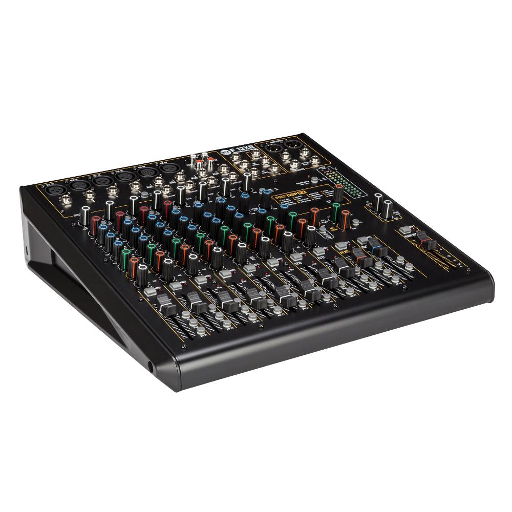 "RCF F12XR mixer showing channel strips, faders, and control knobs"