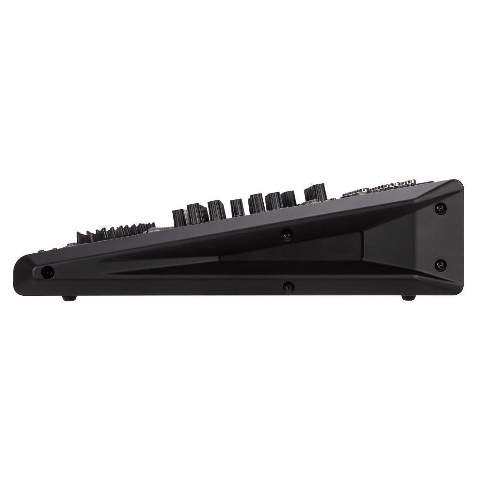 "Angled view of RCF F12XR mixer displaying control surface and front panel"