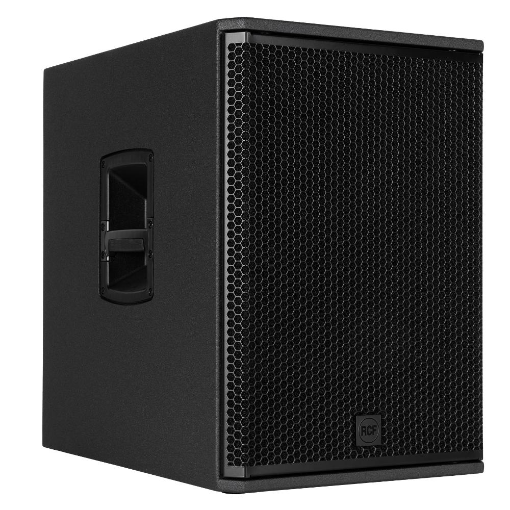"Angled view of RCF SUB 15-AX active subwoofer displaying compact cabinet design and professional finish"