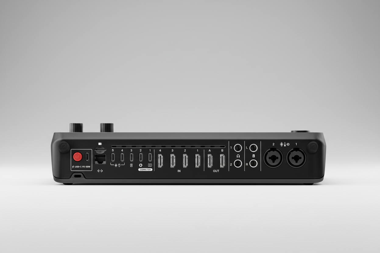 RØDECaster Video streaming mixer with UK power adapter, multi-input audio and video production console