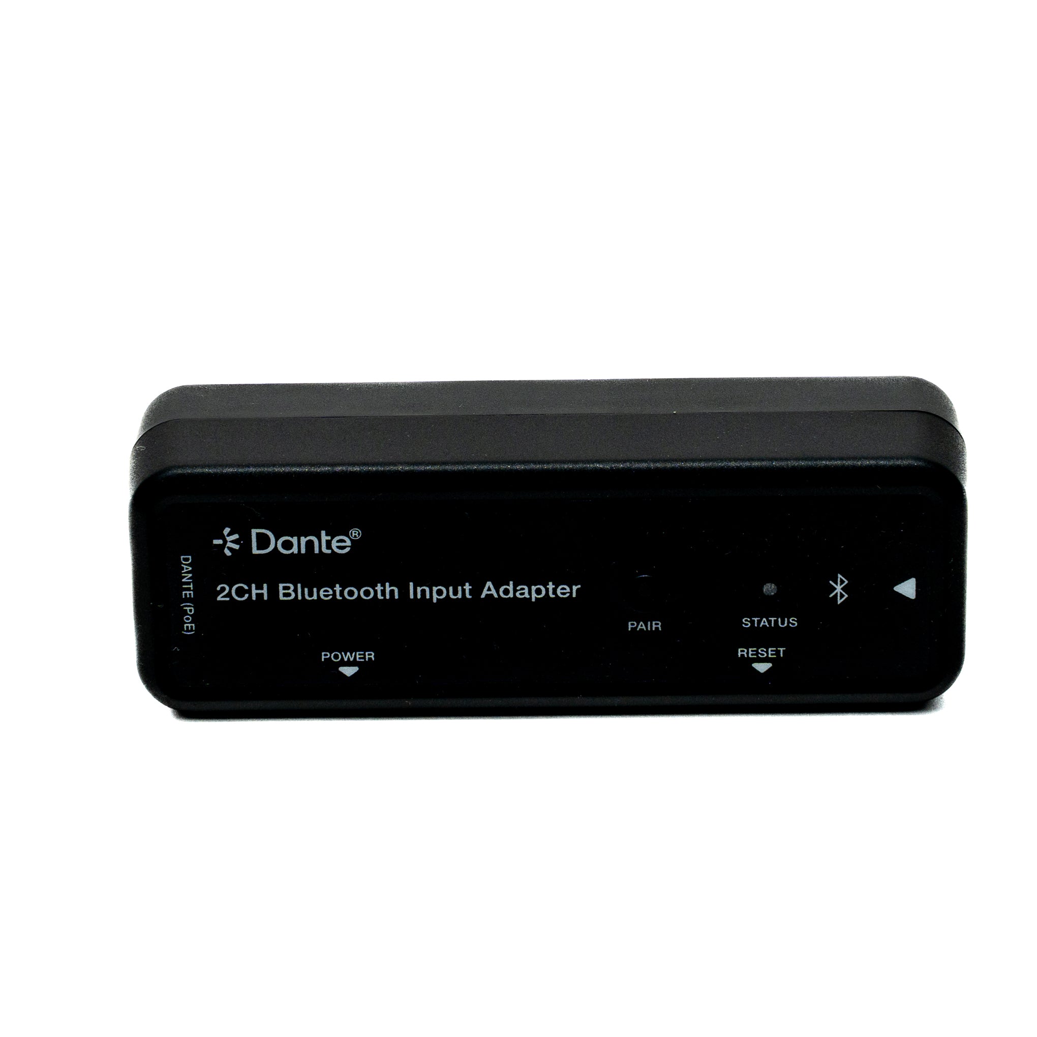 Black 2CH Bluetooth Input Adapter with Dante logo on a white background