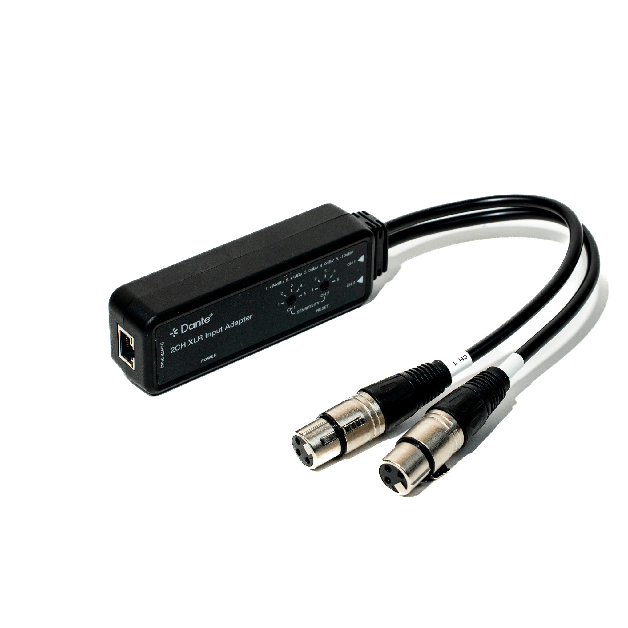 Dante audio interface adapter with XLR and Ethernet cables on a white background