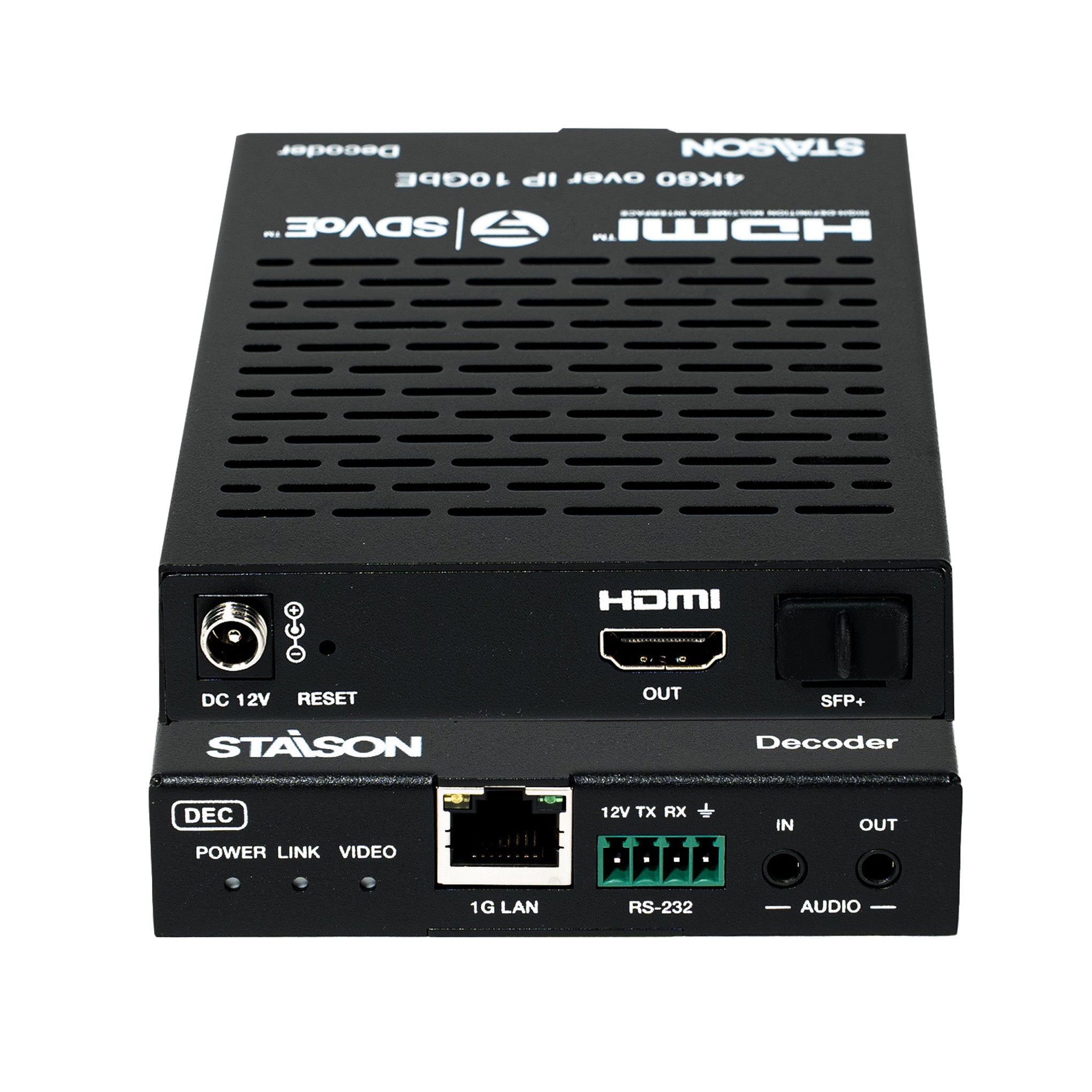 Black electronic device with 4k60 over IP various ports and branding on a white backgrounder