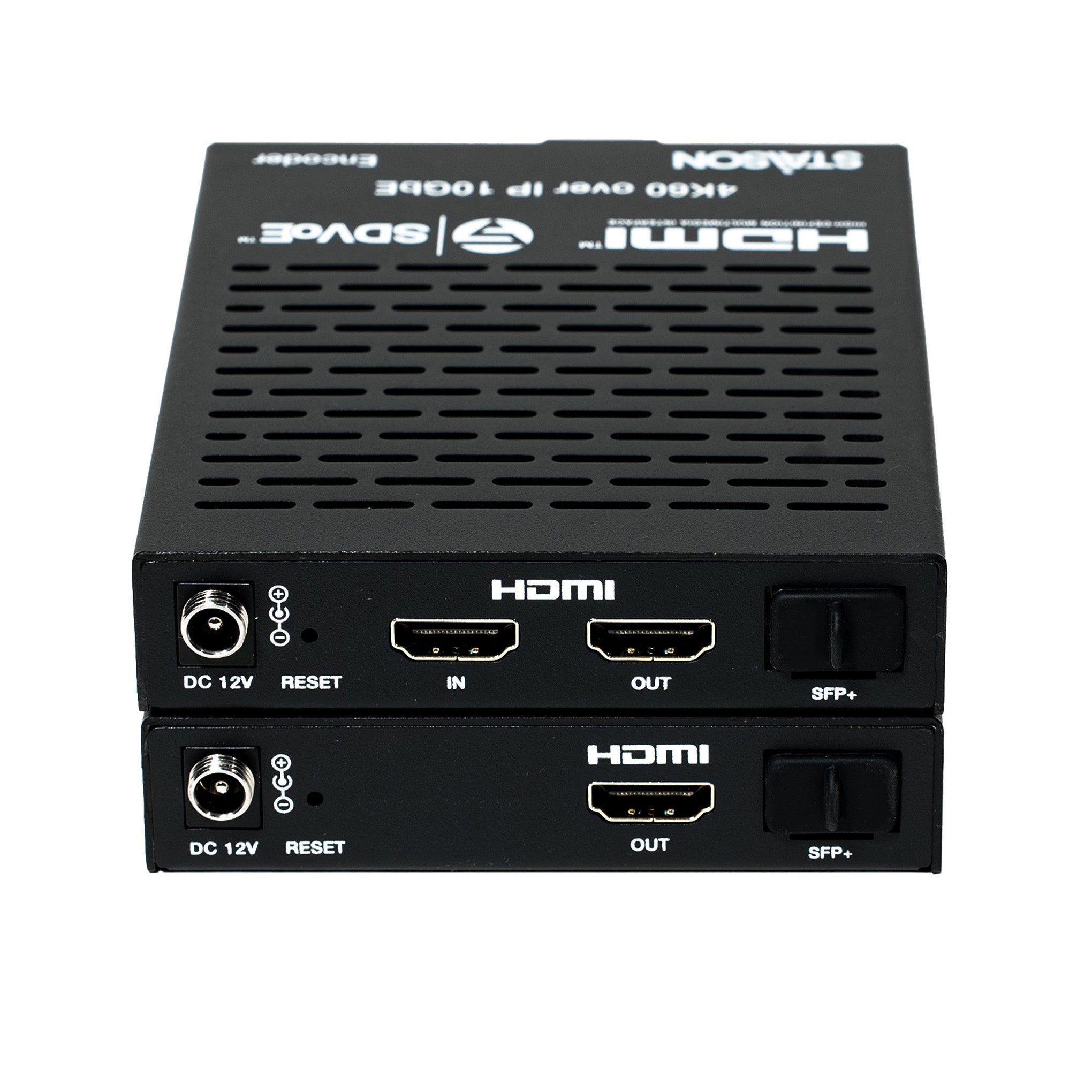 Black electronic device with HDMI ports and branding on a white background