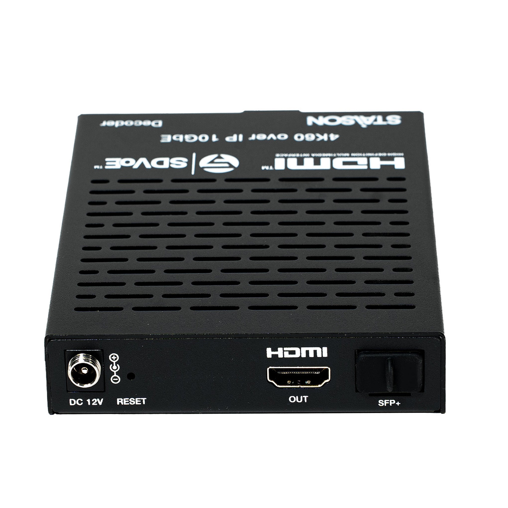 Black electronic device with various ports and branding on a white background
