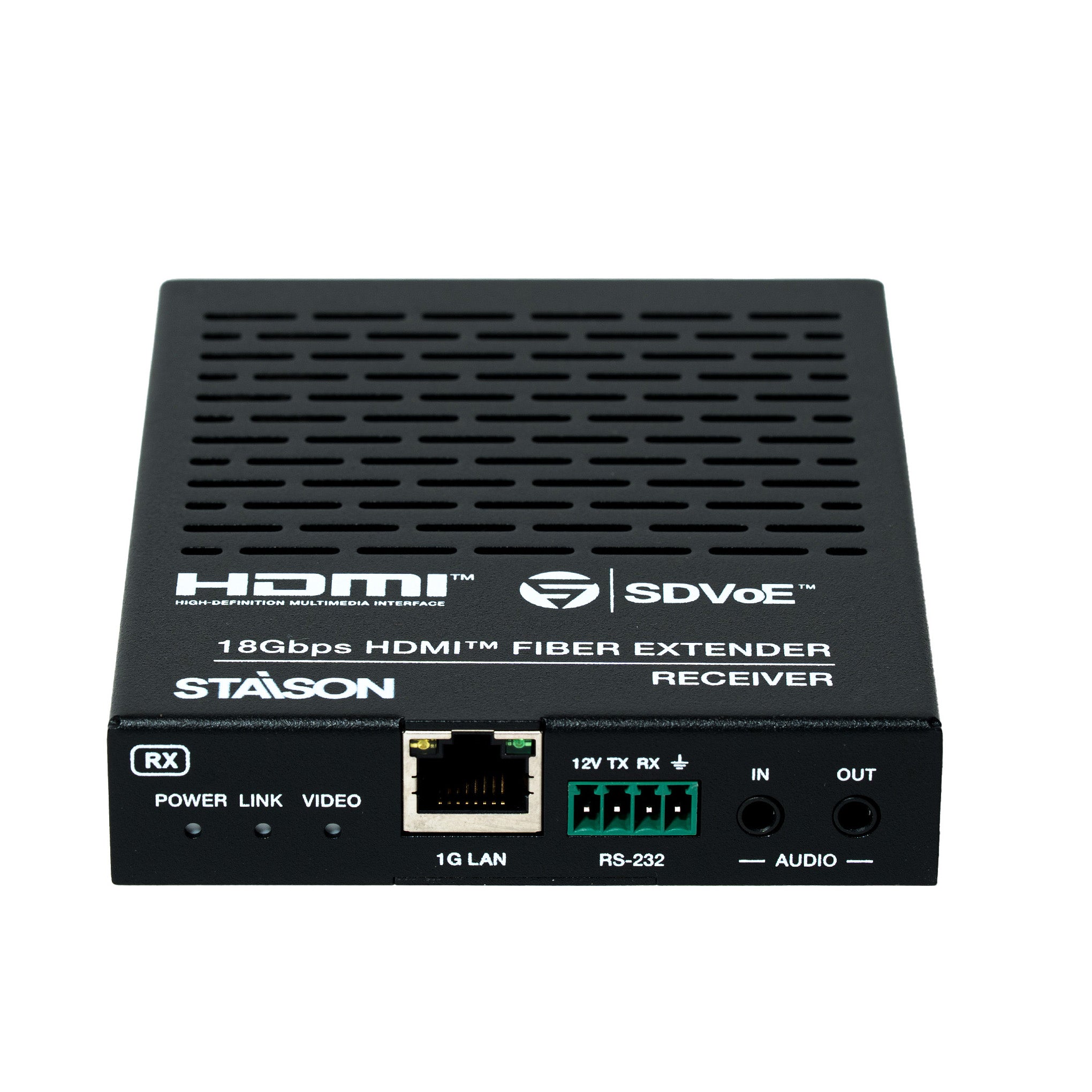 HDMI fiber extender receiver with branding on a white background