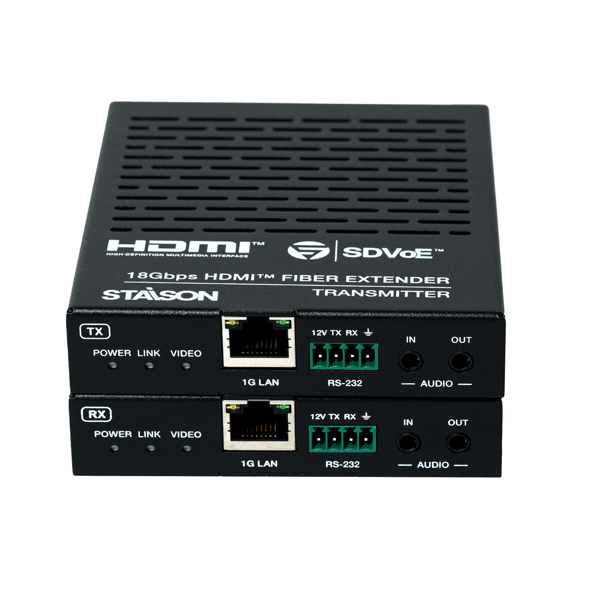 HDMI fiber extender transmitter with multiple ports on a white background