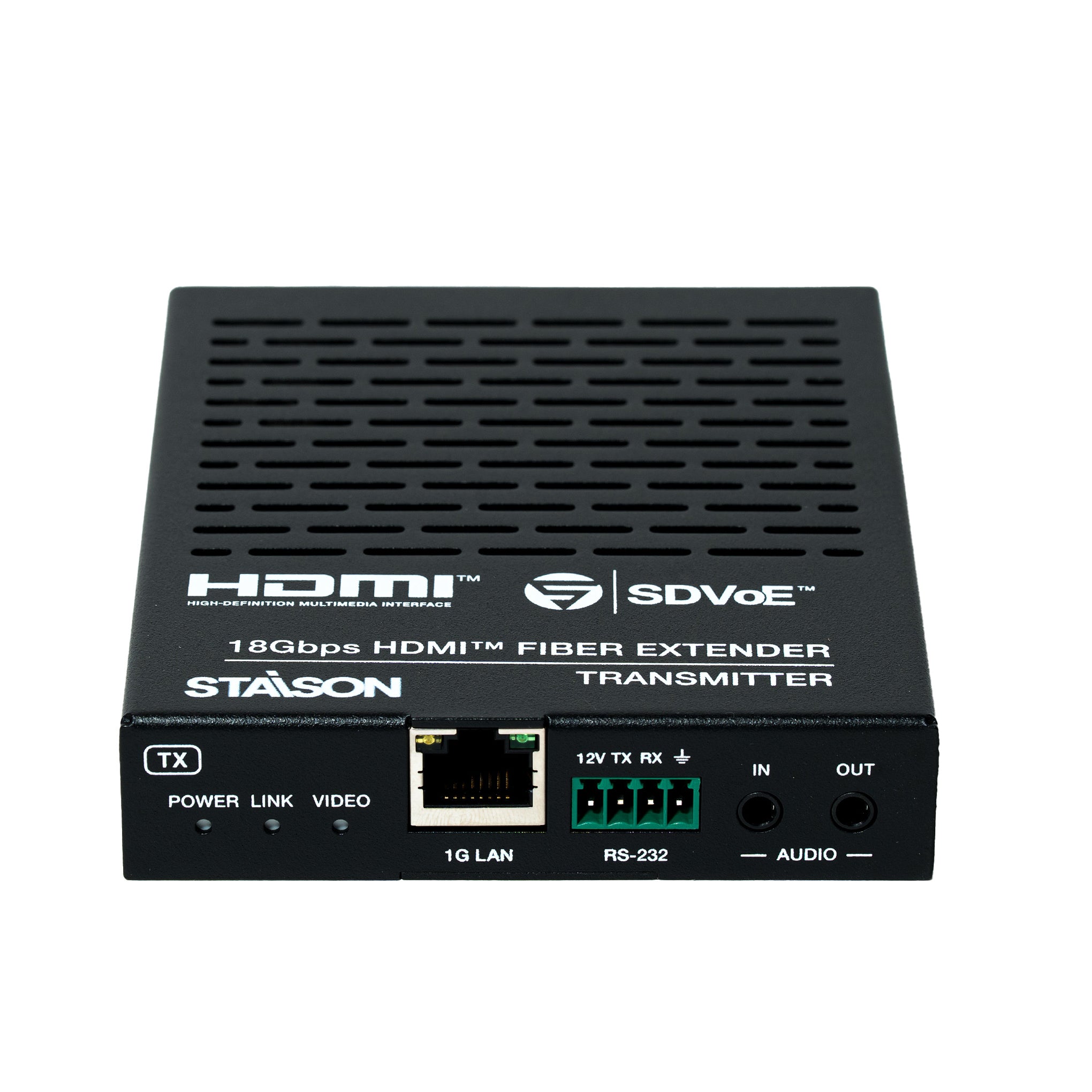 Black HDMI fiber extender transmitter with staison branding on a white background