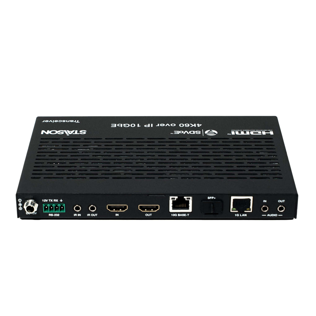 ST-NEB100AT SDVoE Transceiver rear panel with multiple ports on a white background